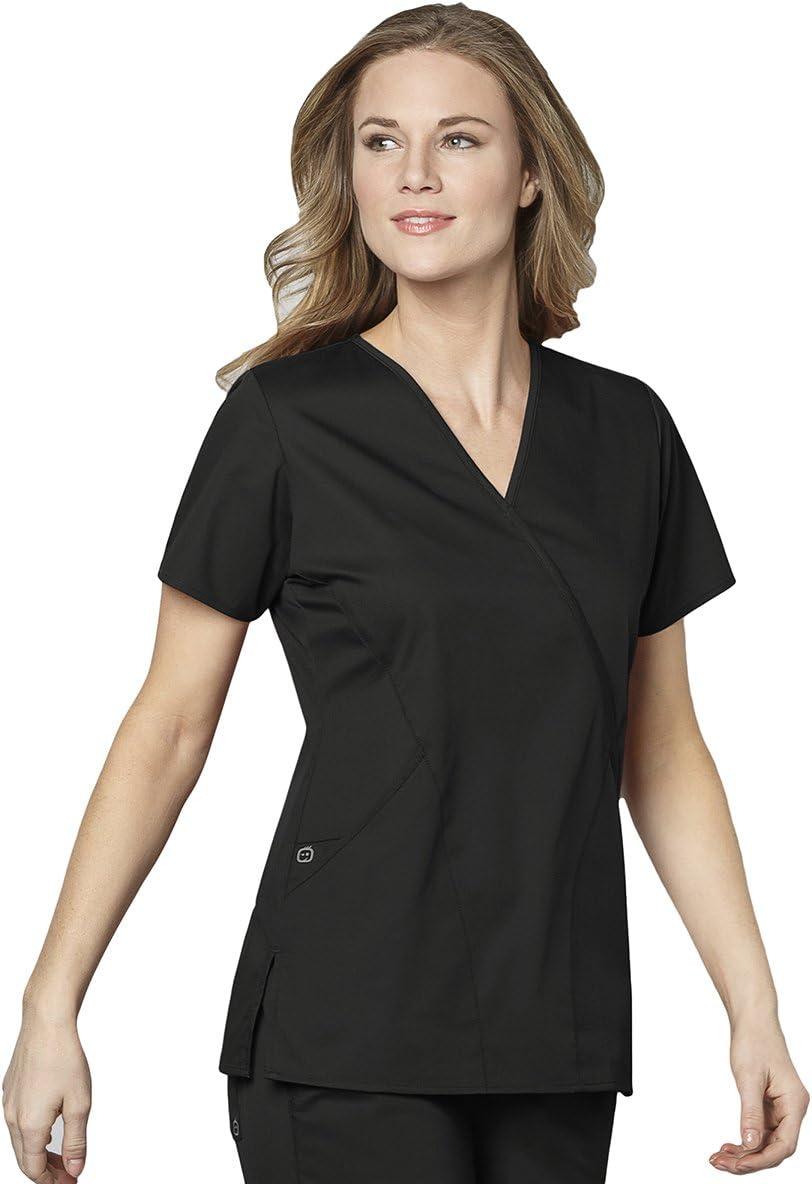 WonderWink Women’s Wonderwork Women’s Mock Wrap Scrub Top(Black)