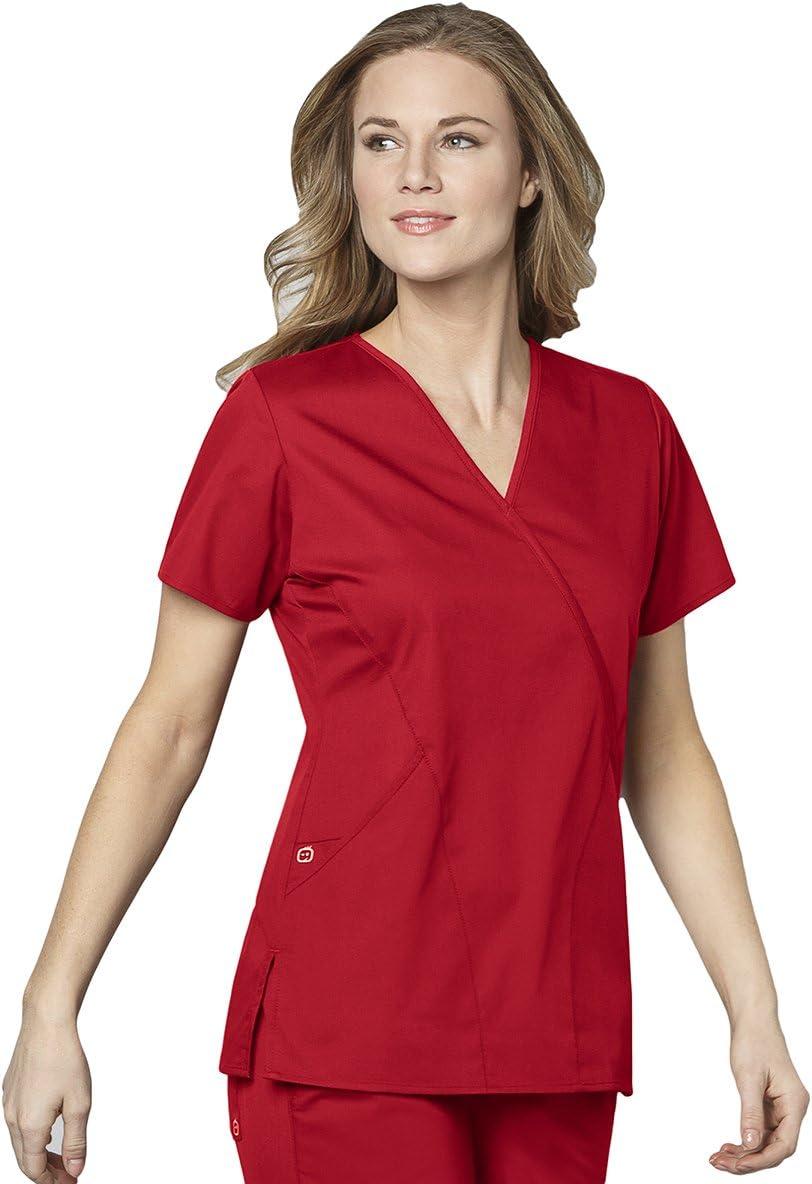 WonderWink Women’s Wonderwork Women’s Mock Wrap Scrub Top(Red)