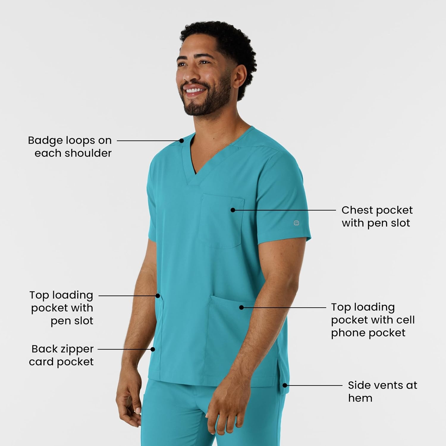 Wink Boundless Men’s Multi Pocket V-Neck Scrub Top(Teal)