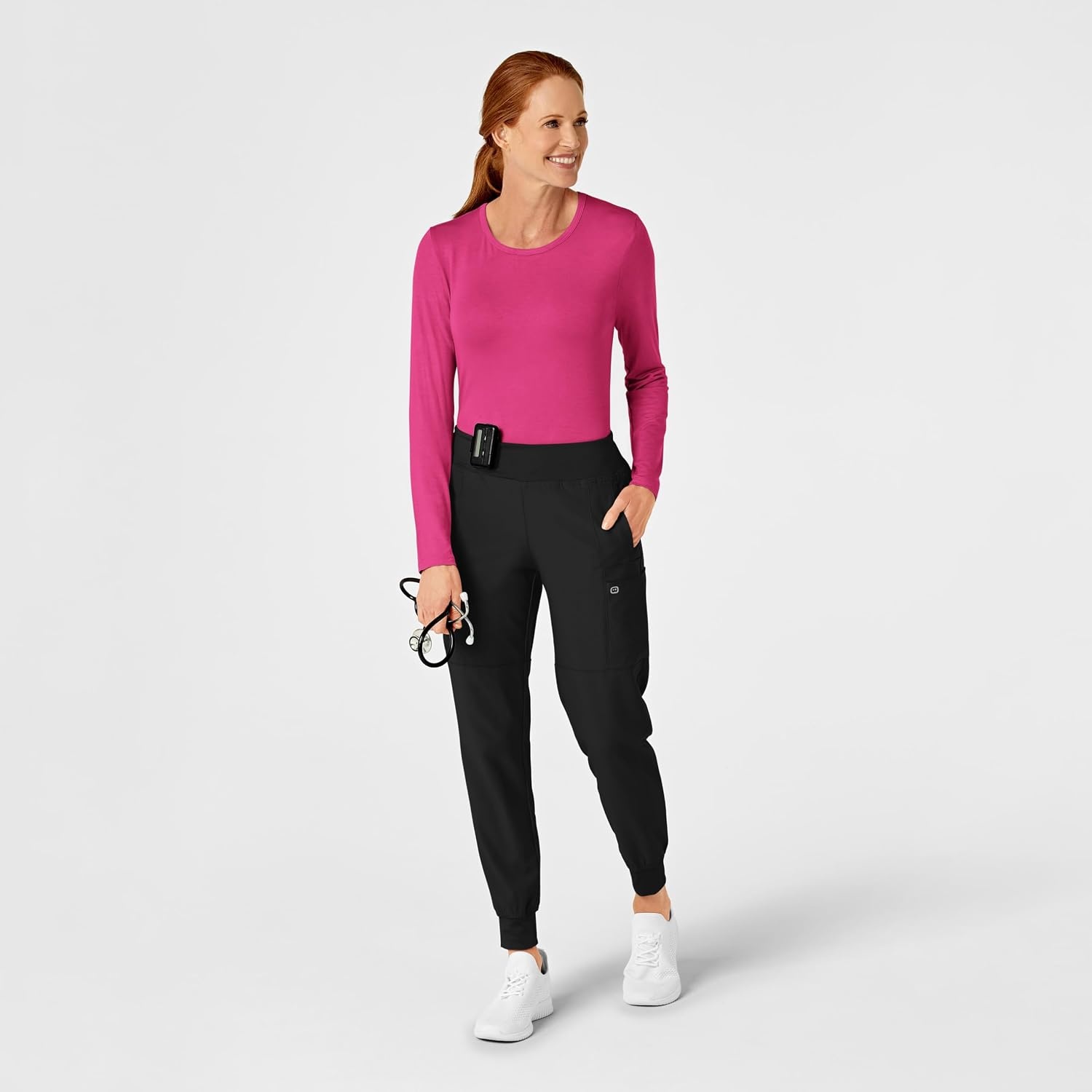 WINK Layers Scrubs for Women, Long Sleeve Silky Tee(Hot Pink)