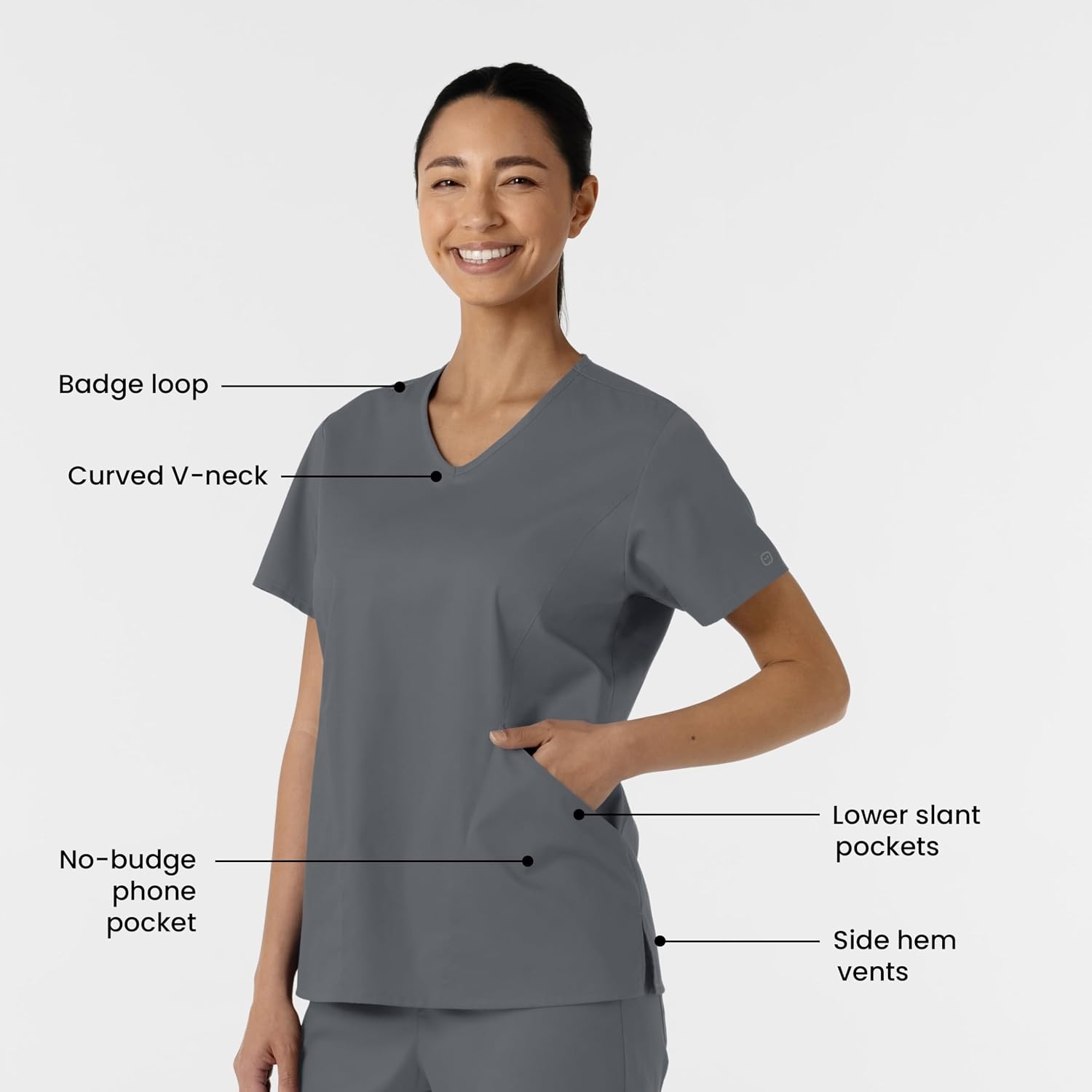 Wink Work Women’s Curved V-Neck Scrub Top(Pewter)