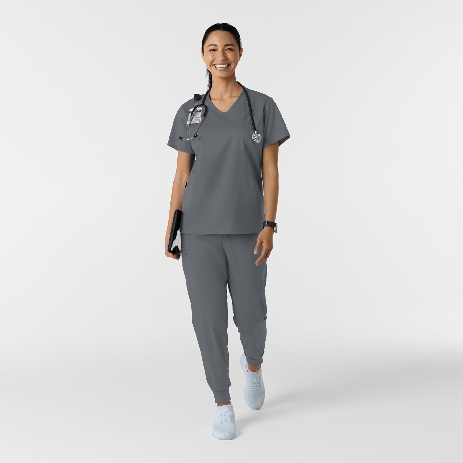 Wink Work Women’s Curved V-Neck Scrub Top(Pewter)