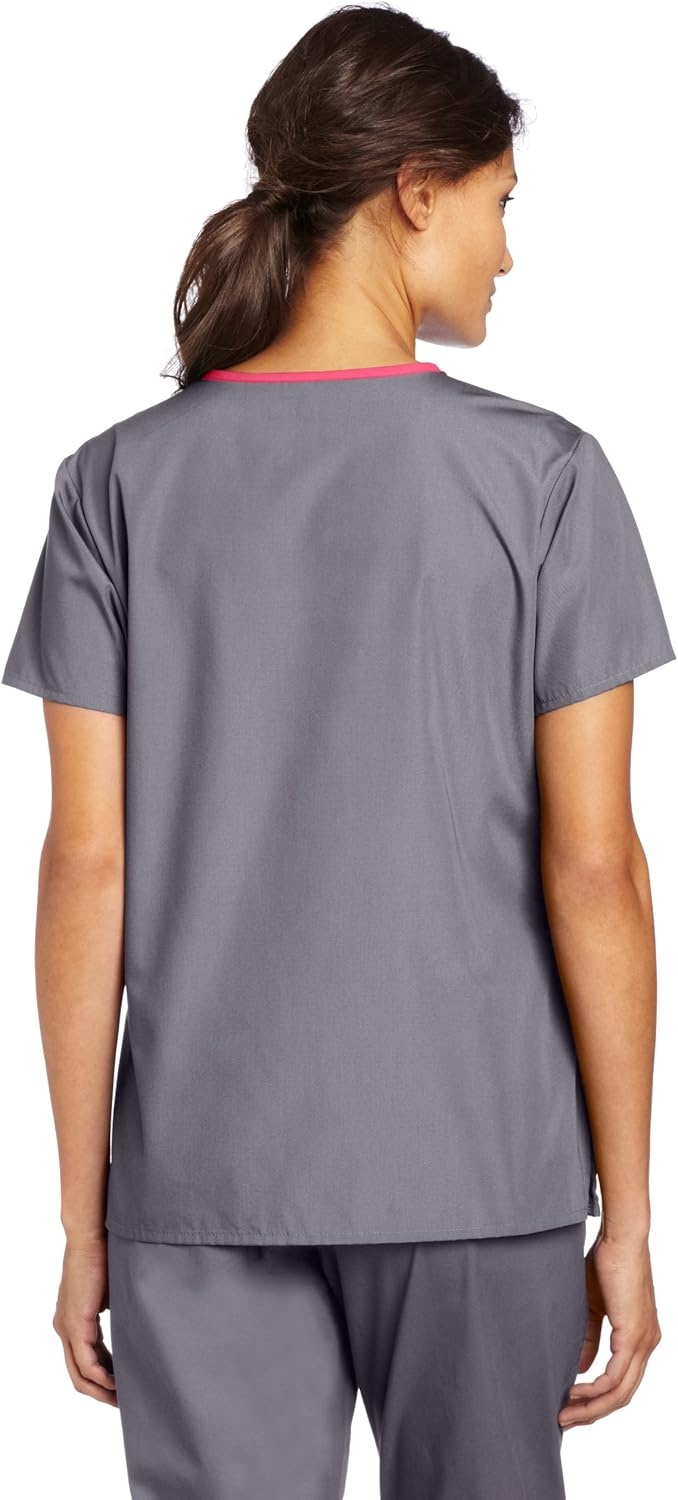 WonderWink Women’s Charlie 5 Pocket Y-Neck Wrap Top, Pewter, Medium