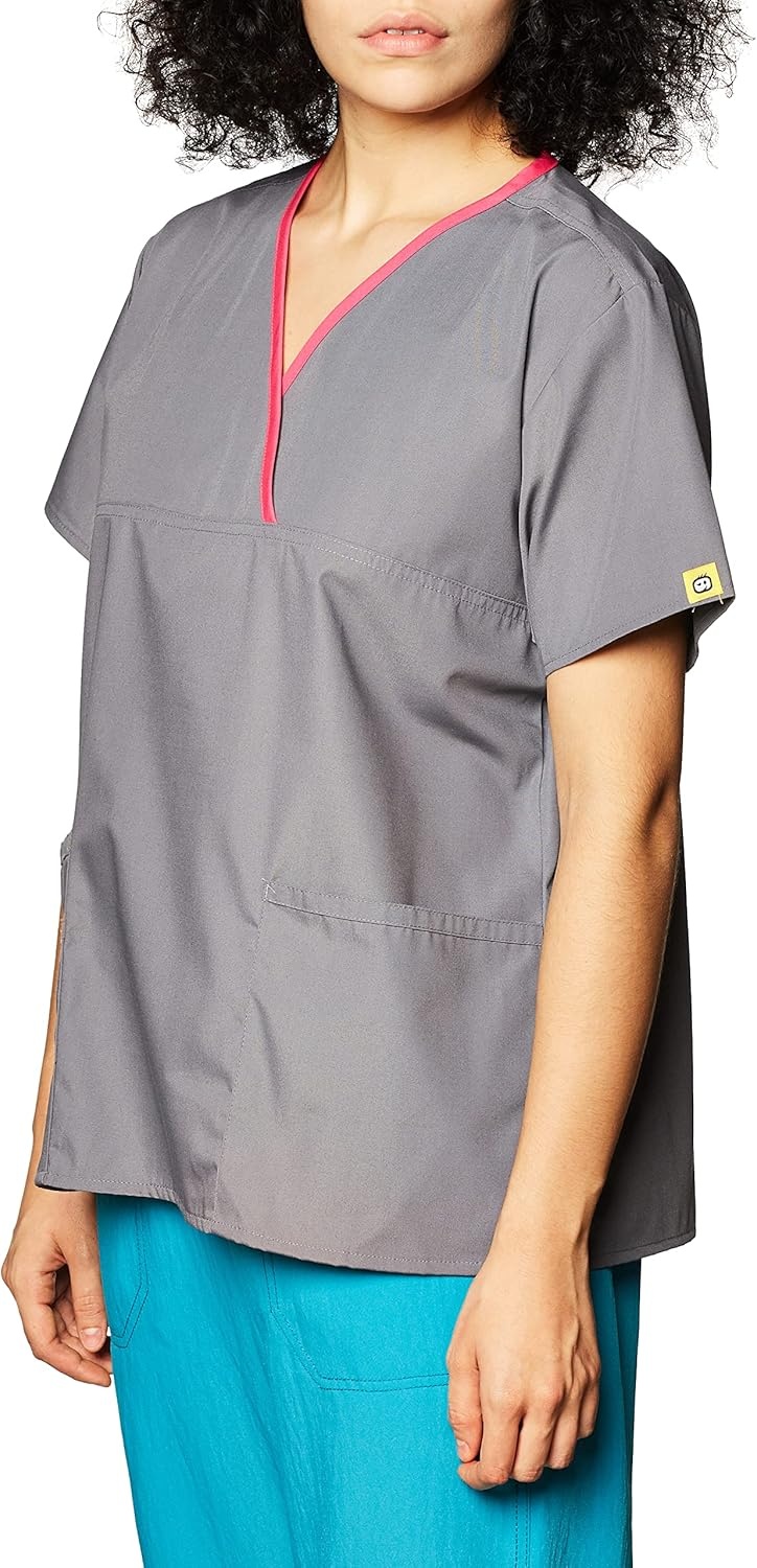 WonderWink Women’s Charlie 5 Pocket Y-Neck Wrap Top, Pewter, Medium