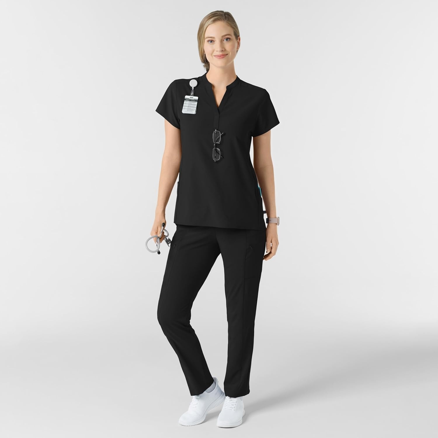 Wink Renew Women’s Mandarin Collar Scrub Top(Black)