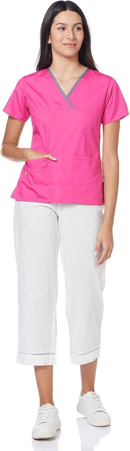 WonderWink Women’s Scrubs Charlie 5 Pocket Y-Neck Wrap Top, Hot Pink, XX-Large