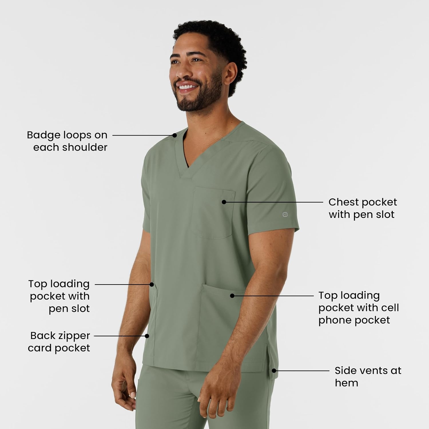 Wink Boundless Men’s Multi Pocket V-Neck Scrub Top(Sage)