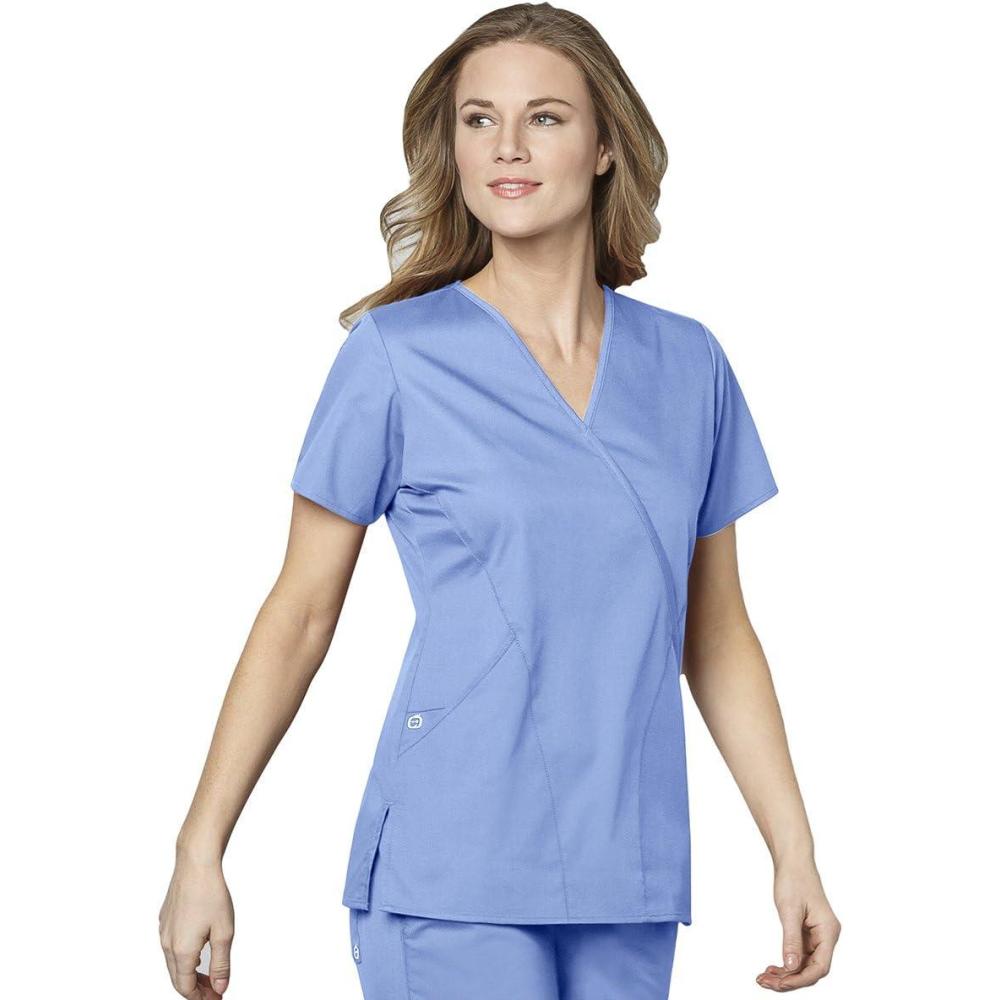 WonderWink Women’s Wonderwork Women’s Mock Wrap Scrub Top(Ceil Blue)