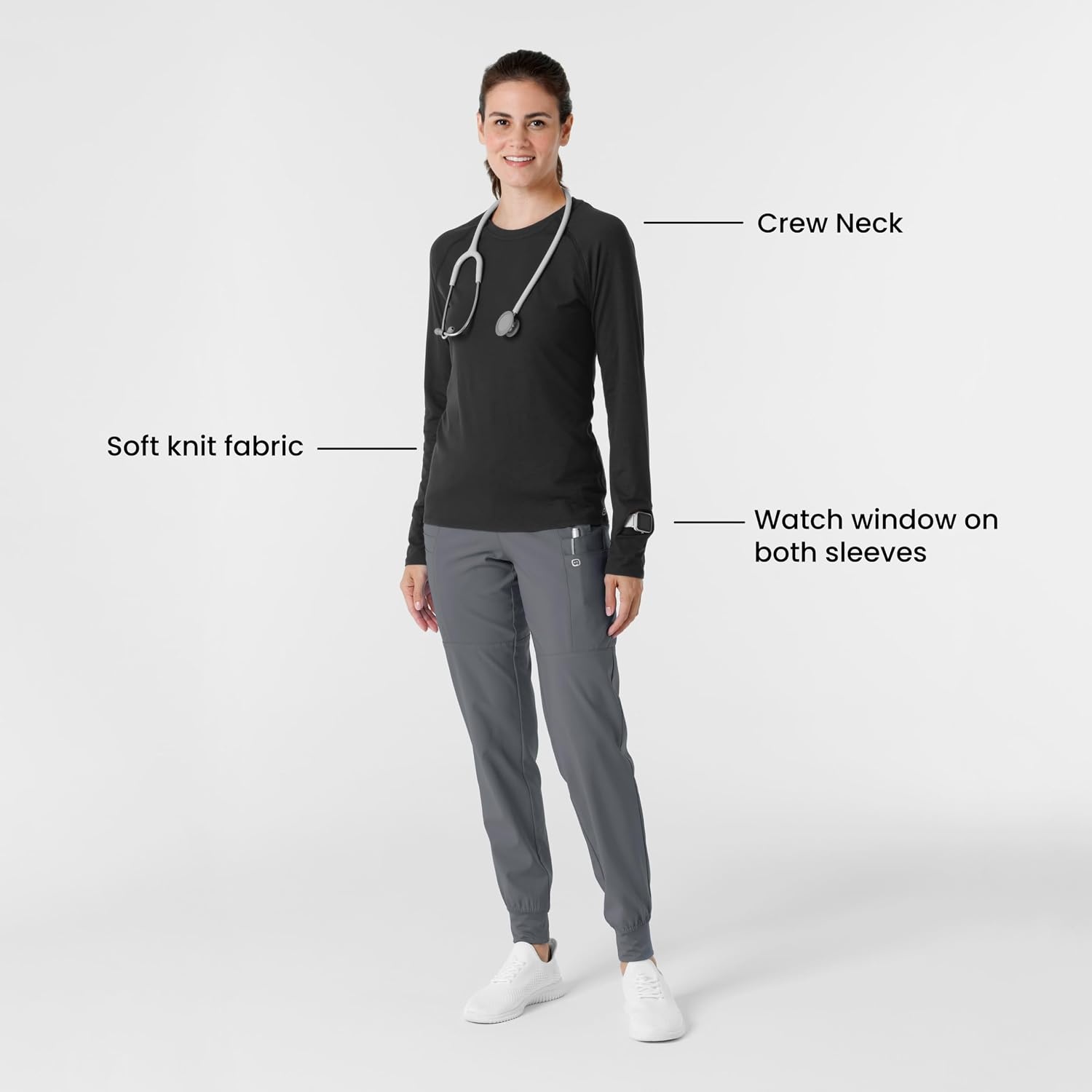 Wink Layers Women’s Watch Window Long Sleeve Underscrub Top(Black)