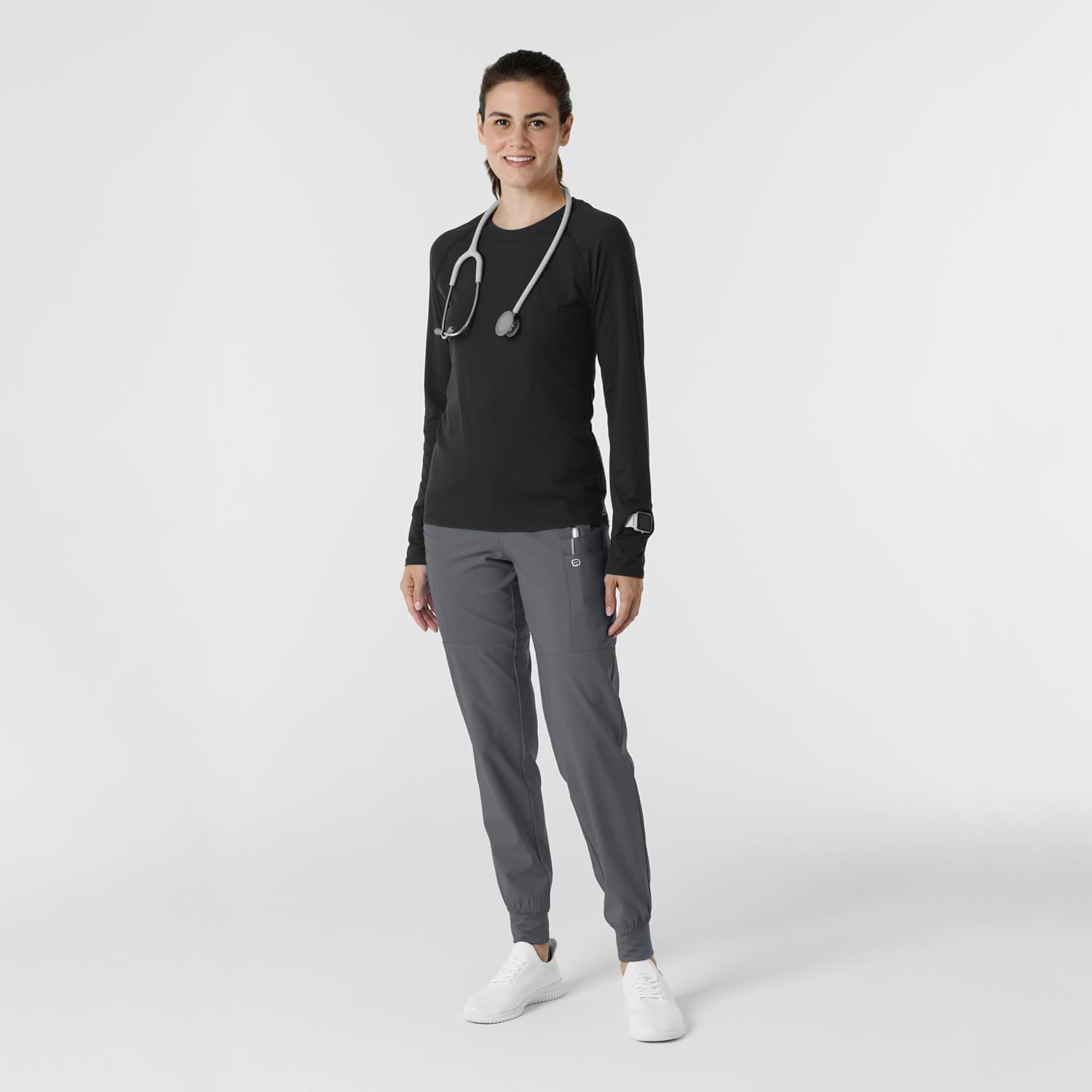 Wink Layers Women’s Watch Window Long Sleeve Underscrub Top(Black)
