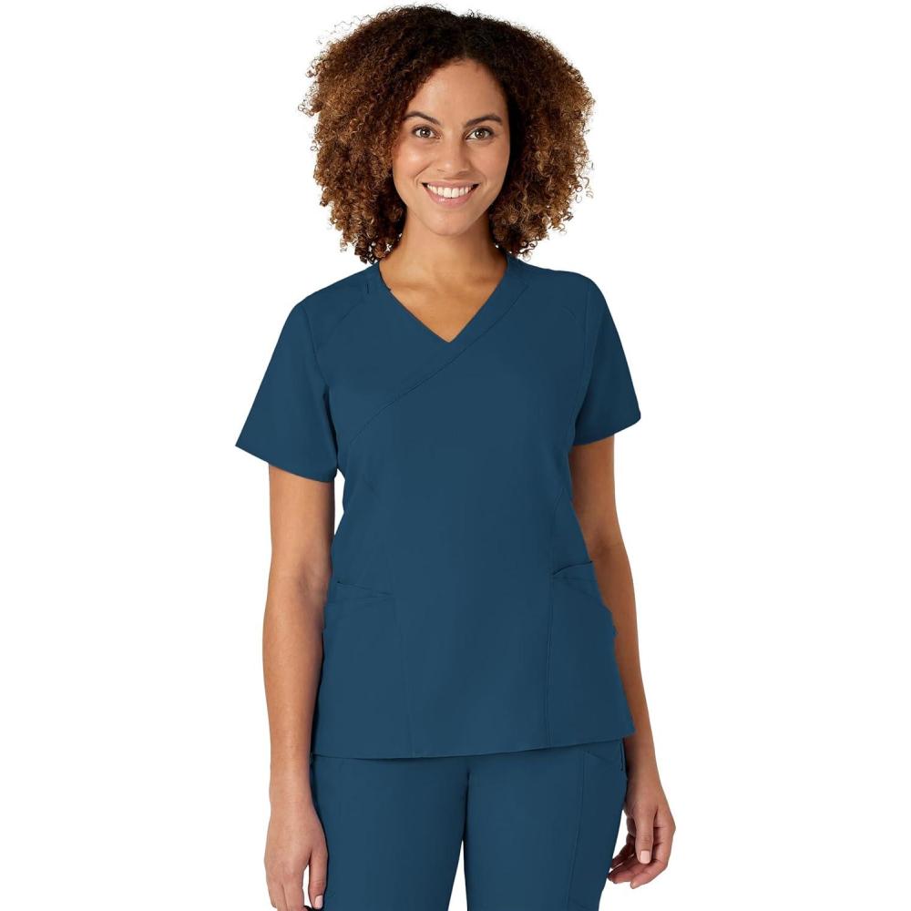 WonderWink Women’s Wonderwork Women’s Mock Wrap Scrub Top(Caribbean Blue)