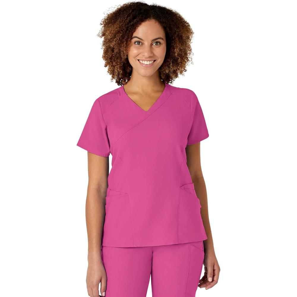 WonderWink Women’s Wonderwork Women’s Mock Wrap Scrub Top(Hot Pink)