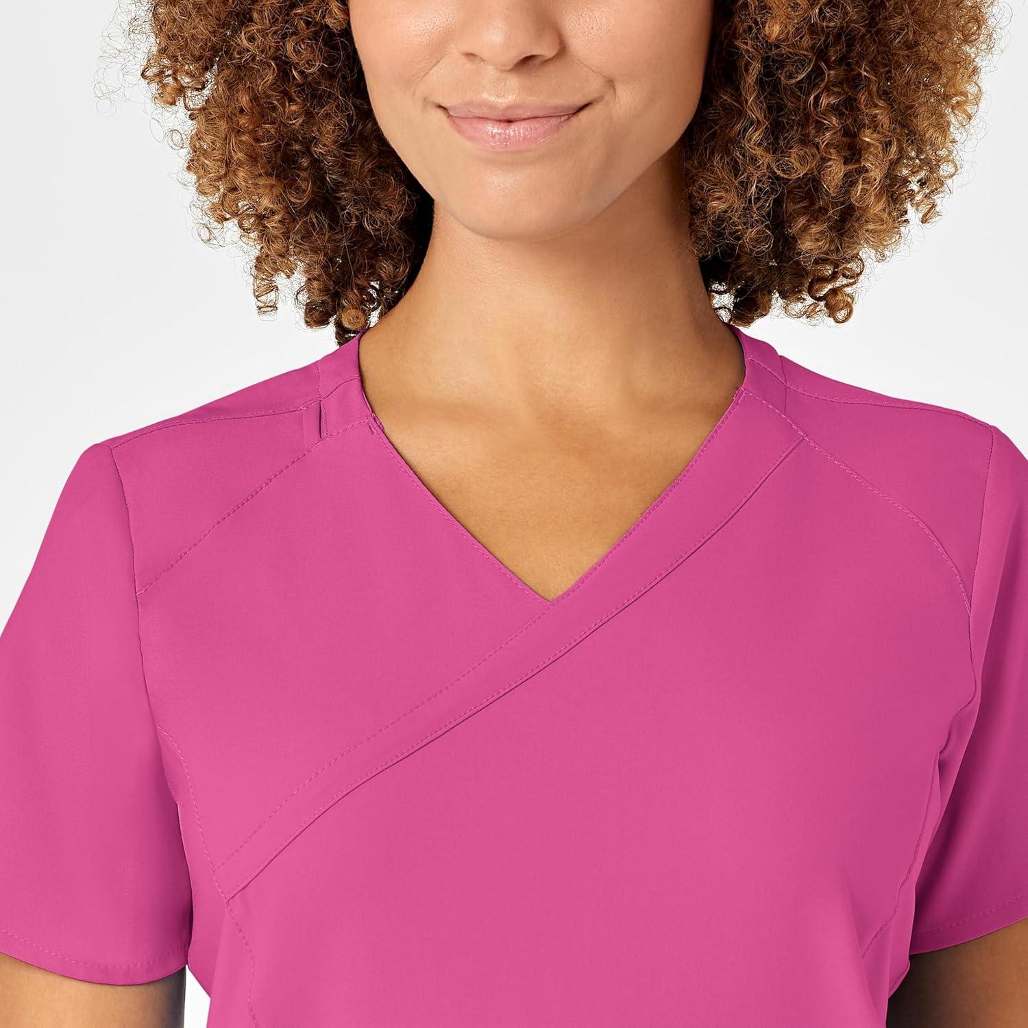 WonderWink Women’s Wonderwork Women’s Mock Wrap Scrub Top(Hot Pink)