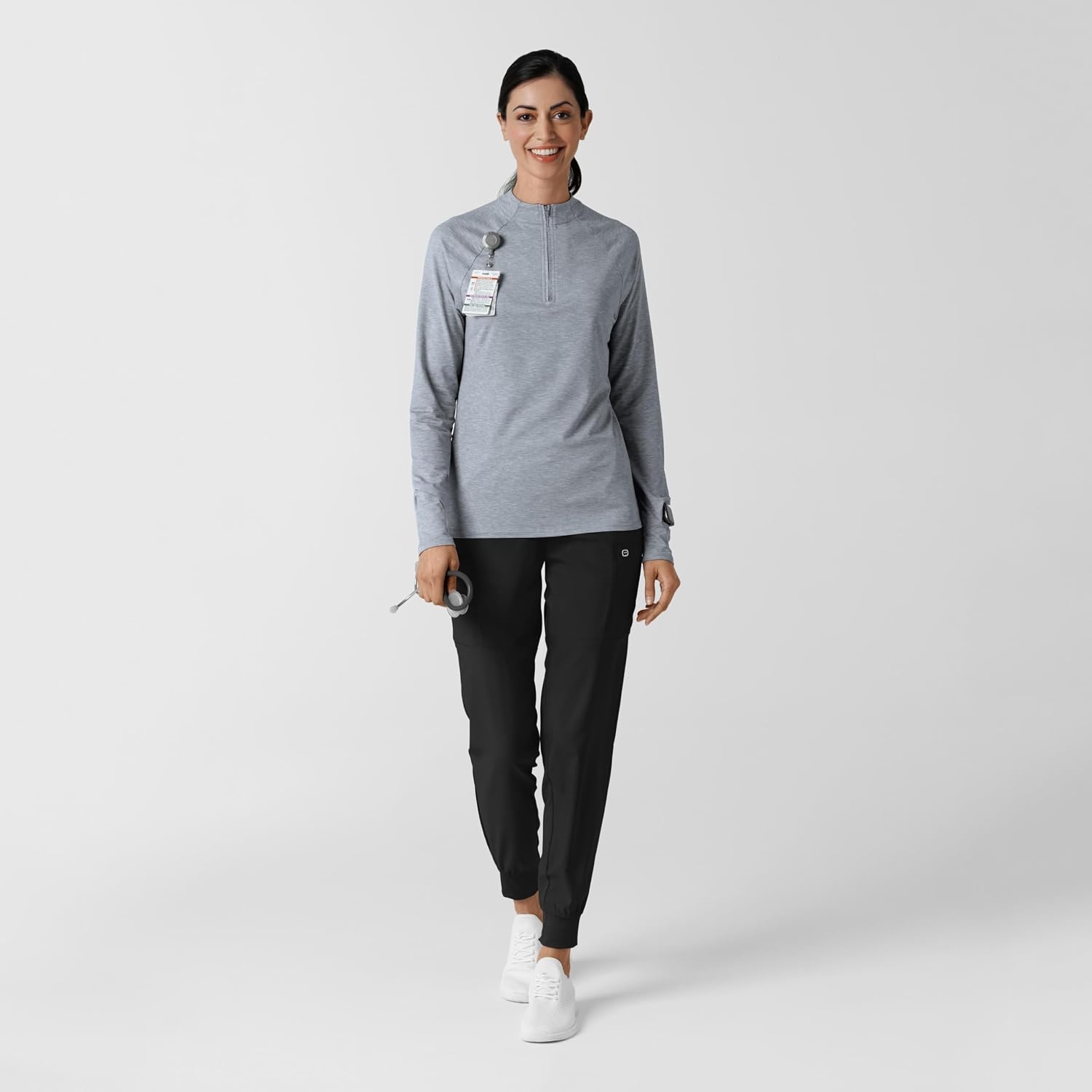 WINK Layers Women’s Watch Window Quarter Zip Scrub Top(Grey Heather)
