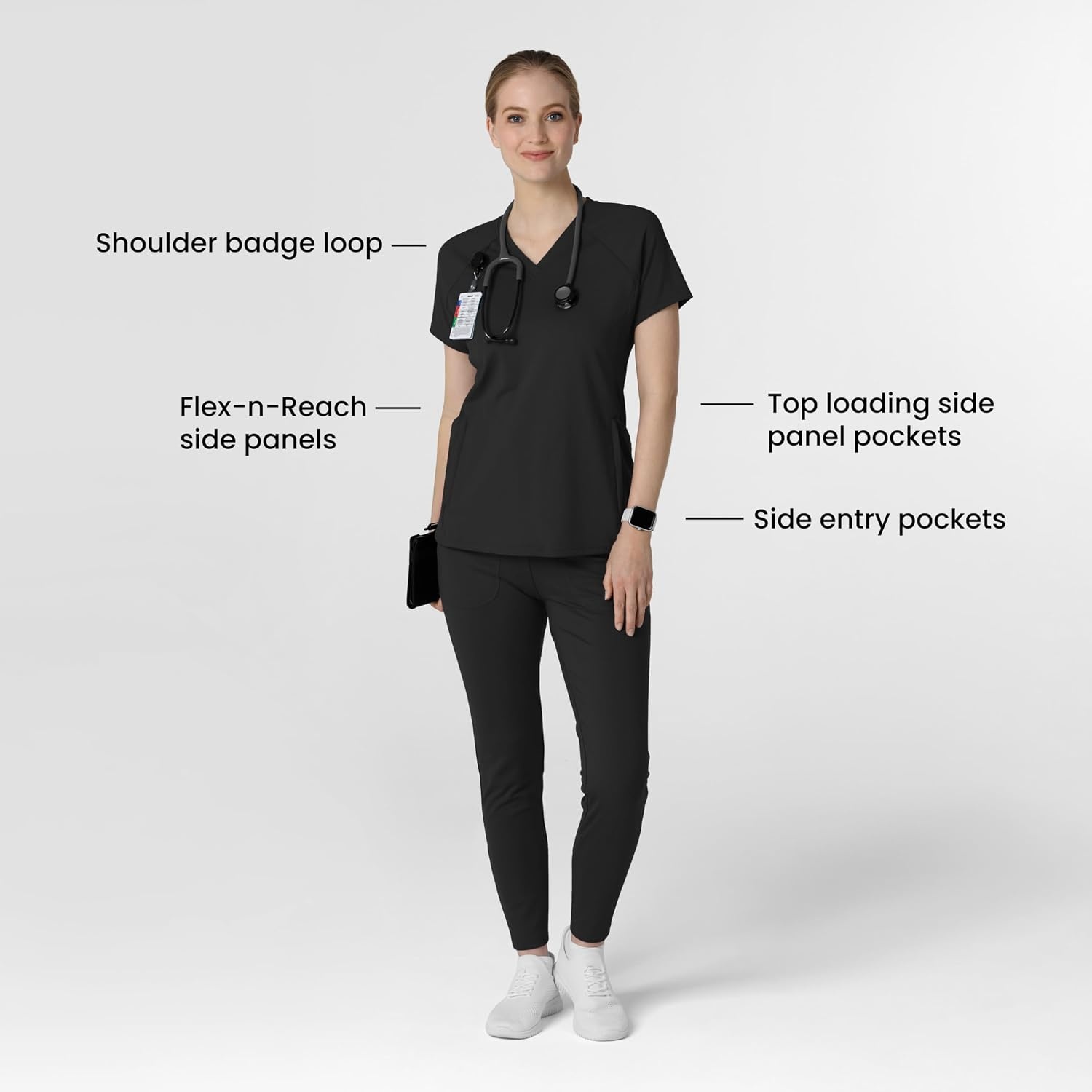 Wink Renew Knit Women’s Flex-n-Reach V-Neck Raglan Scrub Top(Black)