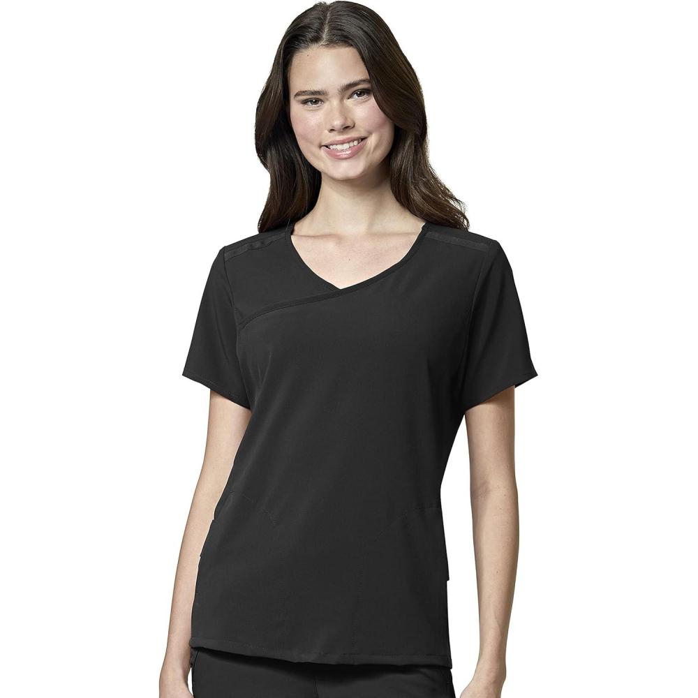 WonderWink Womens Renew Women’s Mock Wrap Scrub Top(Black)