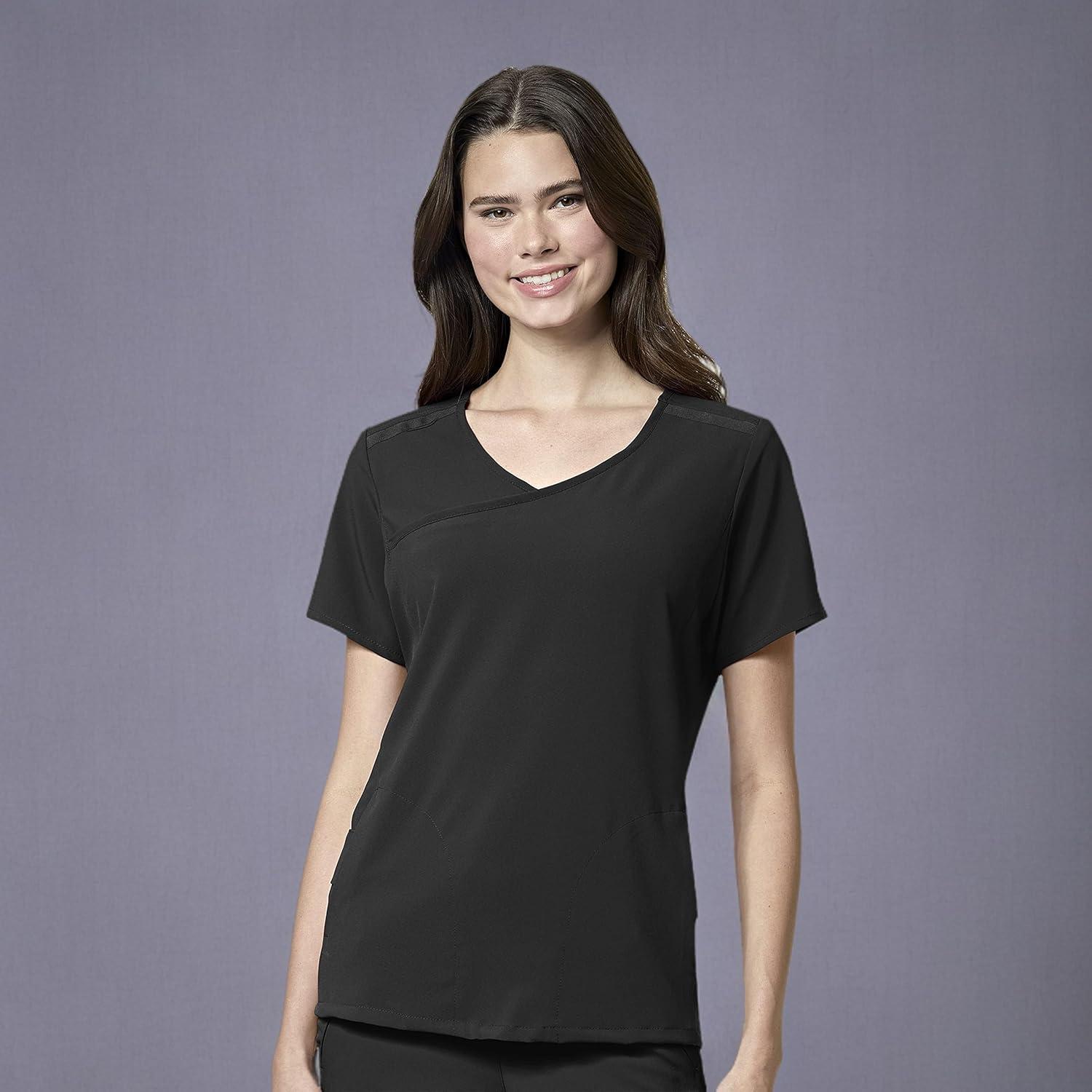 WonderWink Womens Renew Women’s Mock Wrap Scrub Top(Black)