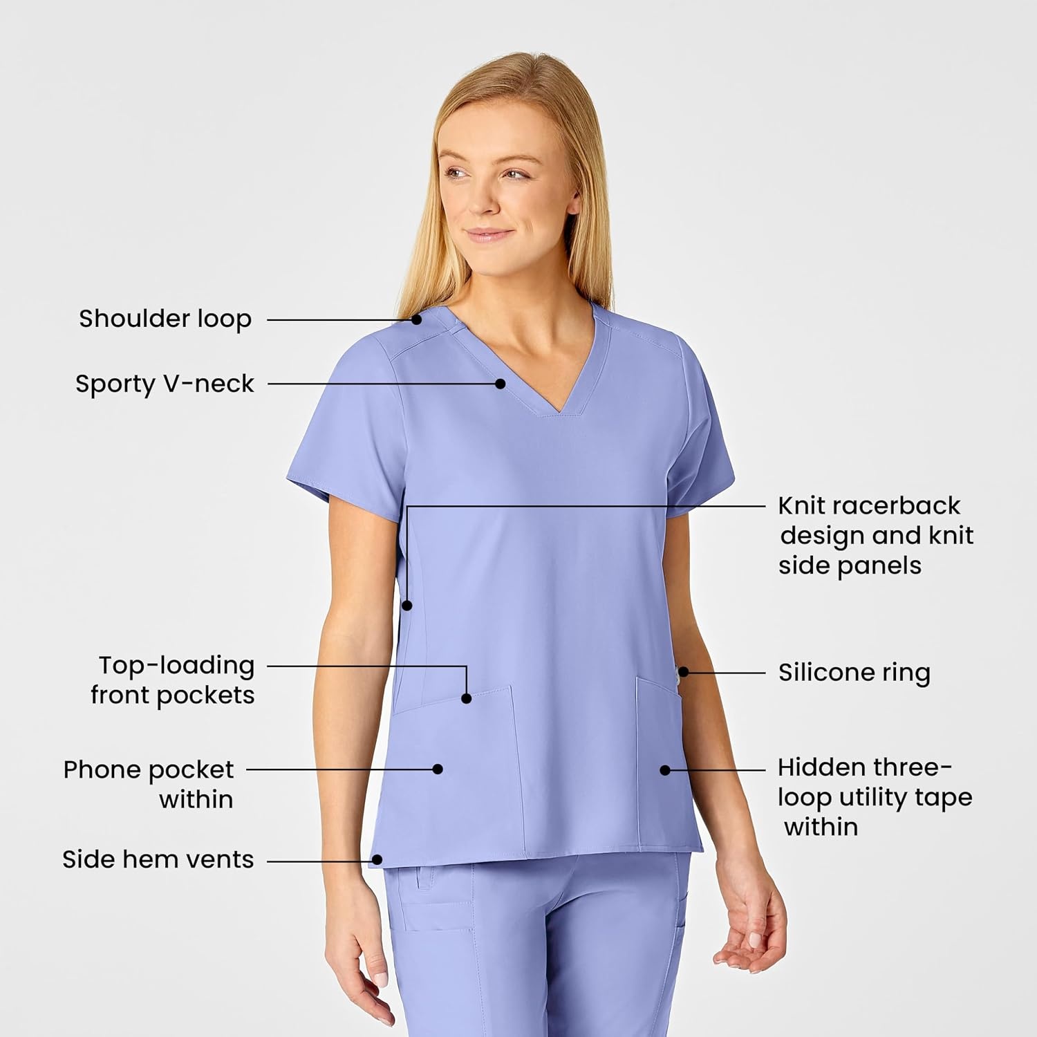 Wink W123 Women’s Flex Back Stylized V-Neck Scrub Top, Ceil Blue, 2X