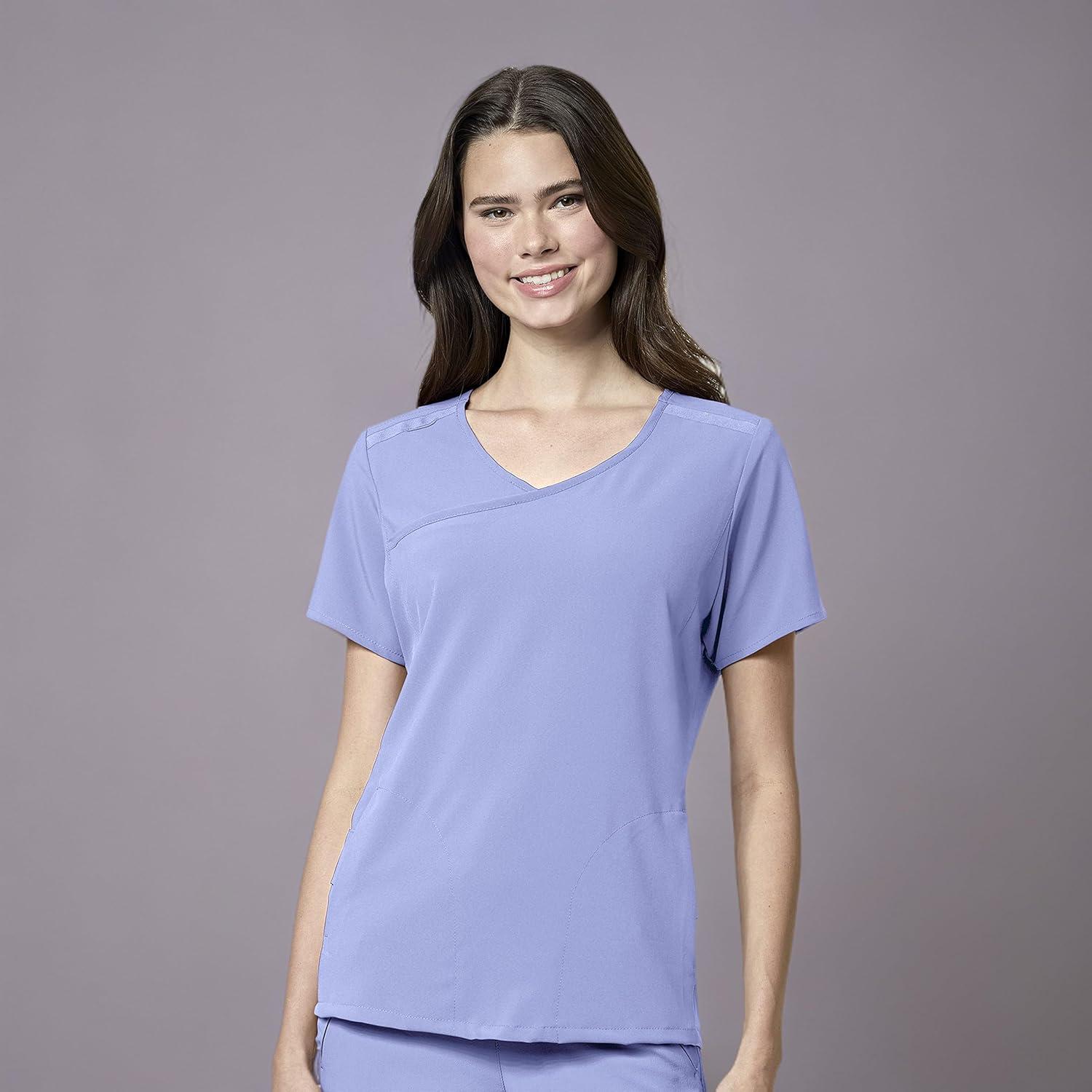WonderWink Womens Renew Women’s Mock Wrap Scrub Top(Ceil Blue)