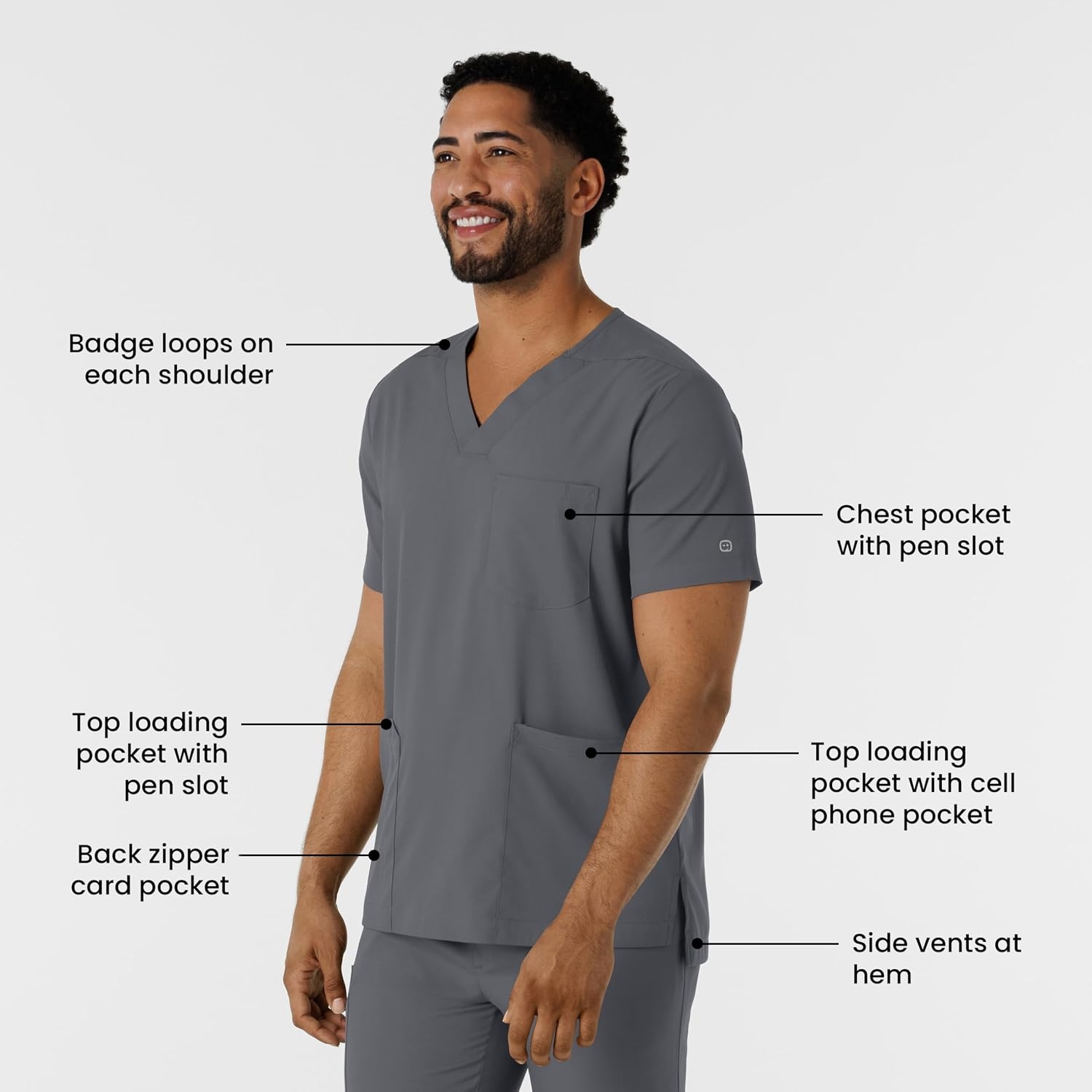 Wink Boundless Men’s Multi Pocket V-Neck Scrub Top(Pewter)