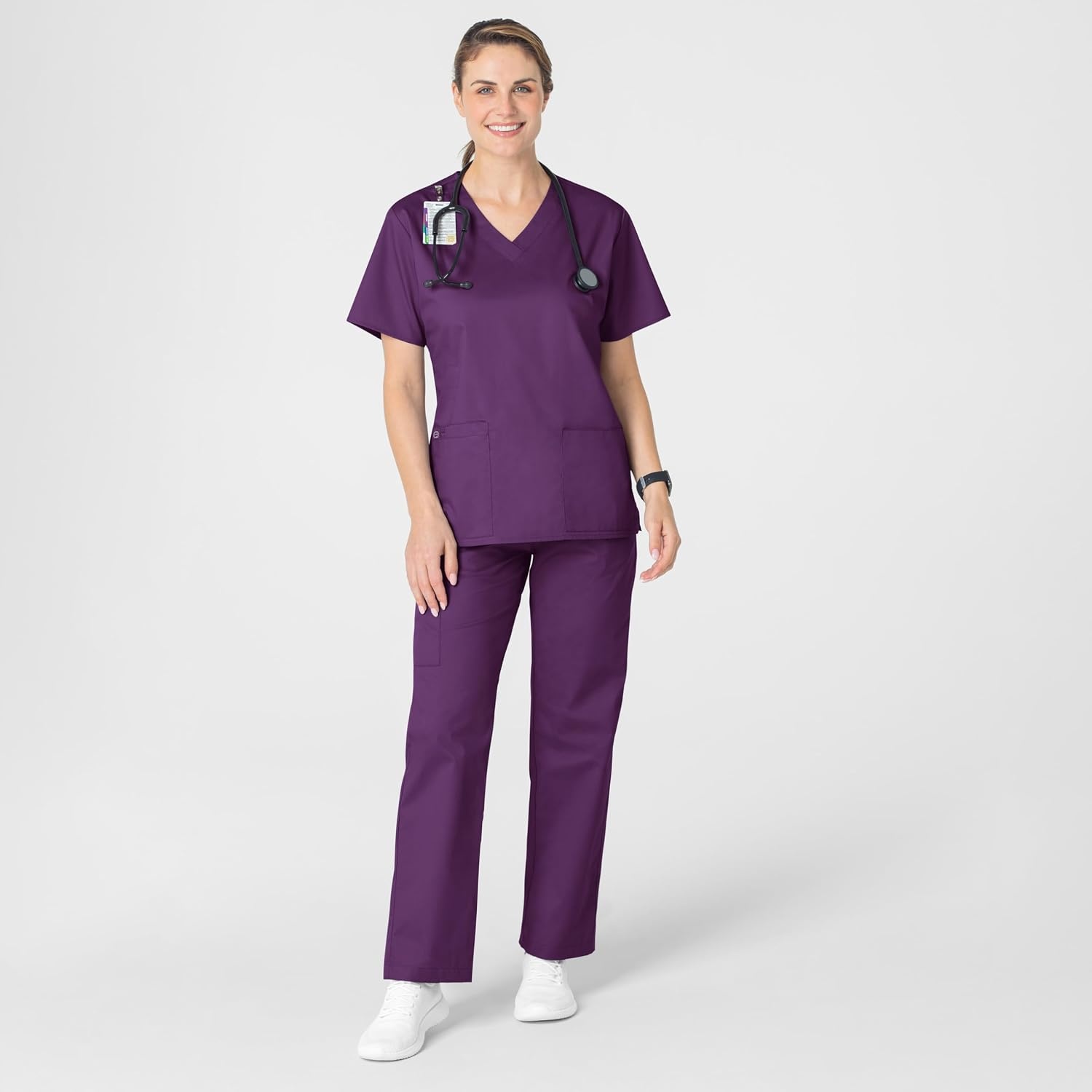 Wink WonderWORK Scrubs for Women, V-Neck Scrub Tops – Eggplant, L