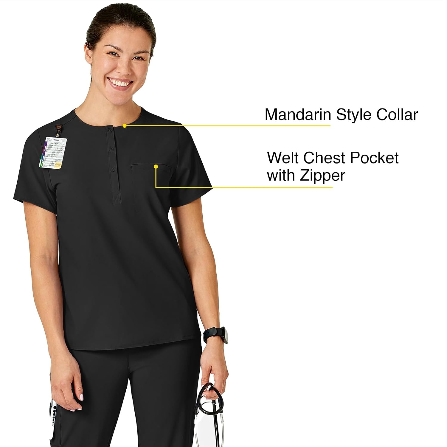 Wink Renew Women’s Mandarin Collar Tuck-in Scrub Top(Black)