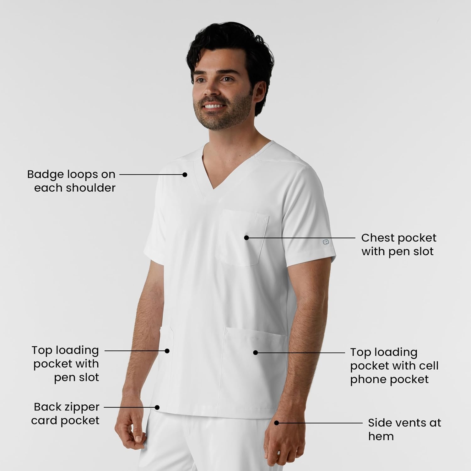 Wink Boundless Men’s Multi Pocket V-Neck Scrub Top(White)