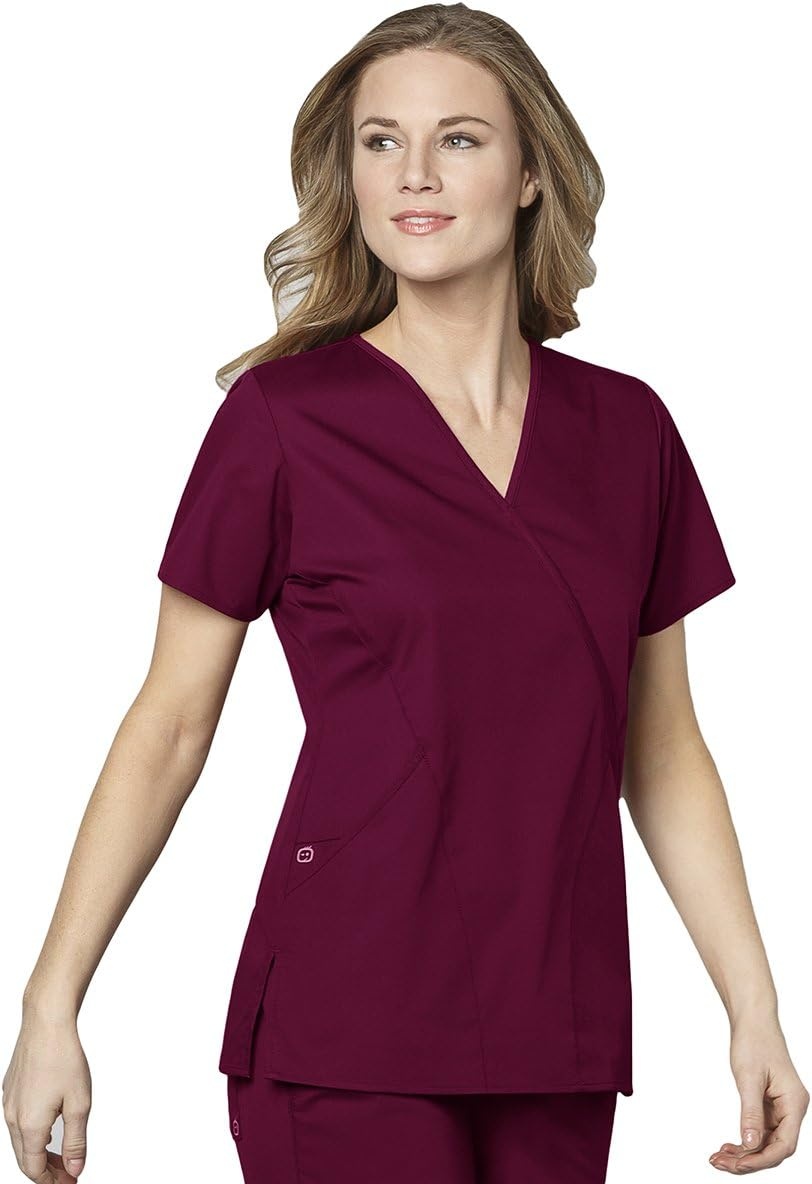 WINK WonderWORK Women’s Mock Wrap Scrub Top(Wine)
