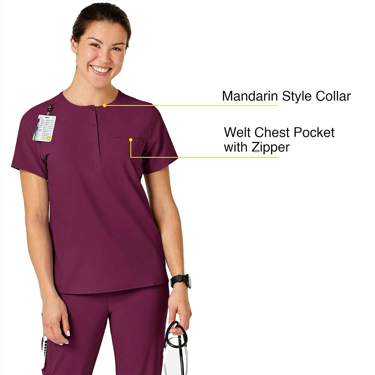 Wink Renew Women’s Mandarin Collar Tuck-in Scrub Top(Wine)