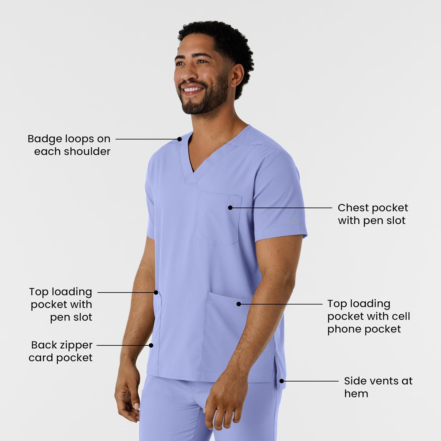 Wink Boundless Men’s Multi Pocket V-Neck Scrub Top(Ceil Blue)