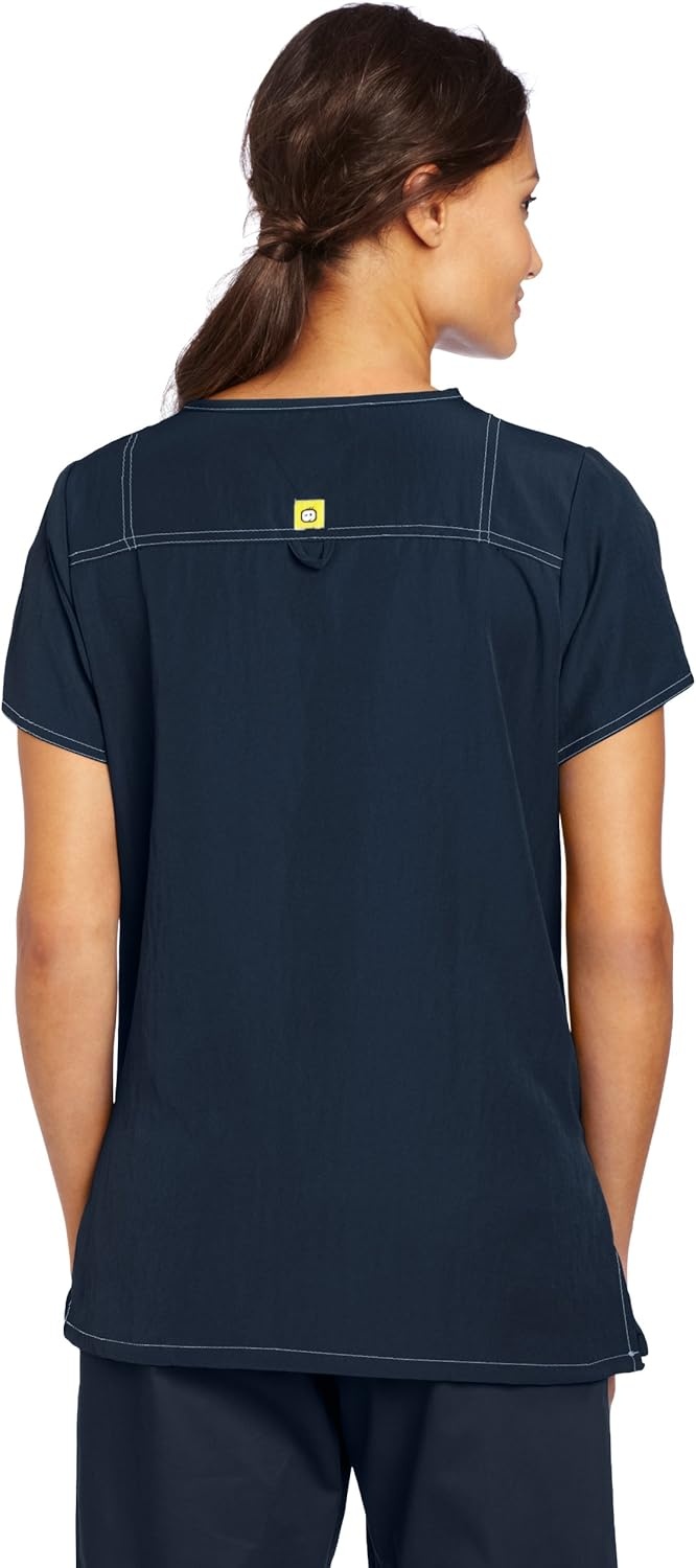 WonderWink Women’s Scrubs Four Way Stretch Sporty V-Neck Top, Navy, Large