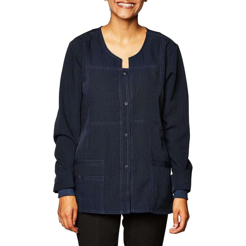 WonderWink Women’s Four-Stretch Sporty Button Front Scrub Jacket(Navy)