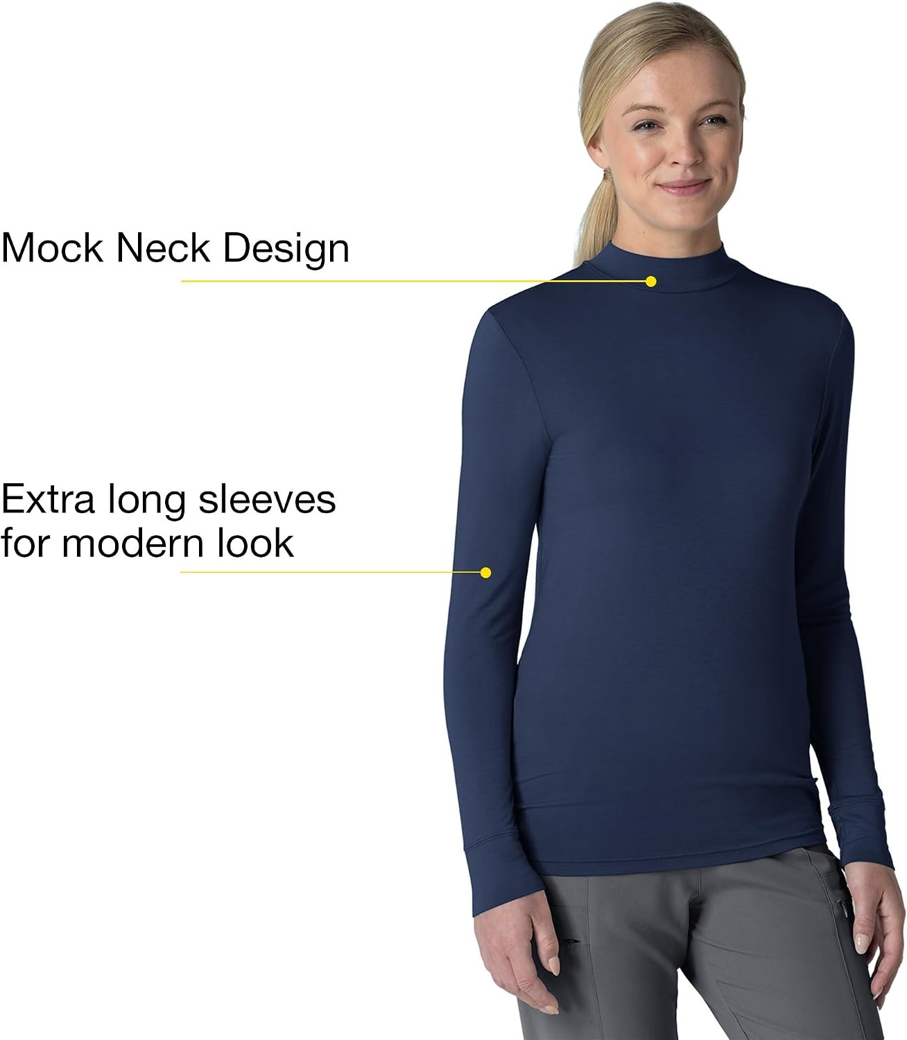 Wink Layers Women’s Long Sleeve Mock Neck Silky Tee(Navy)