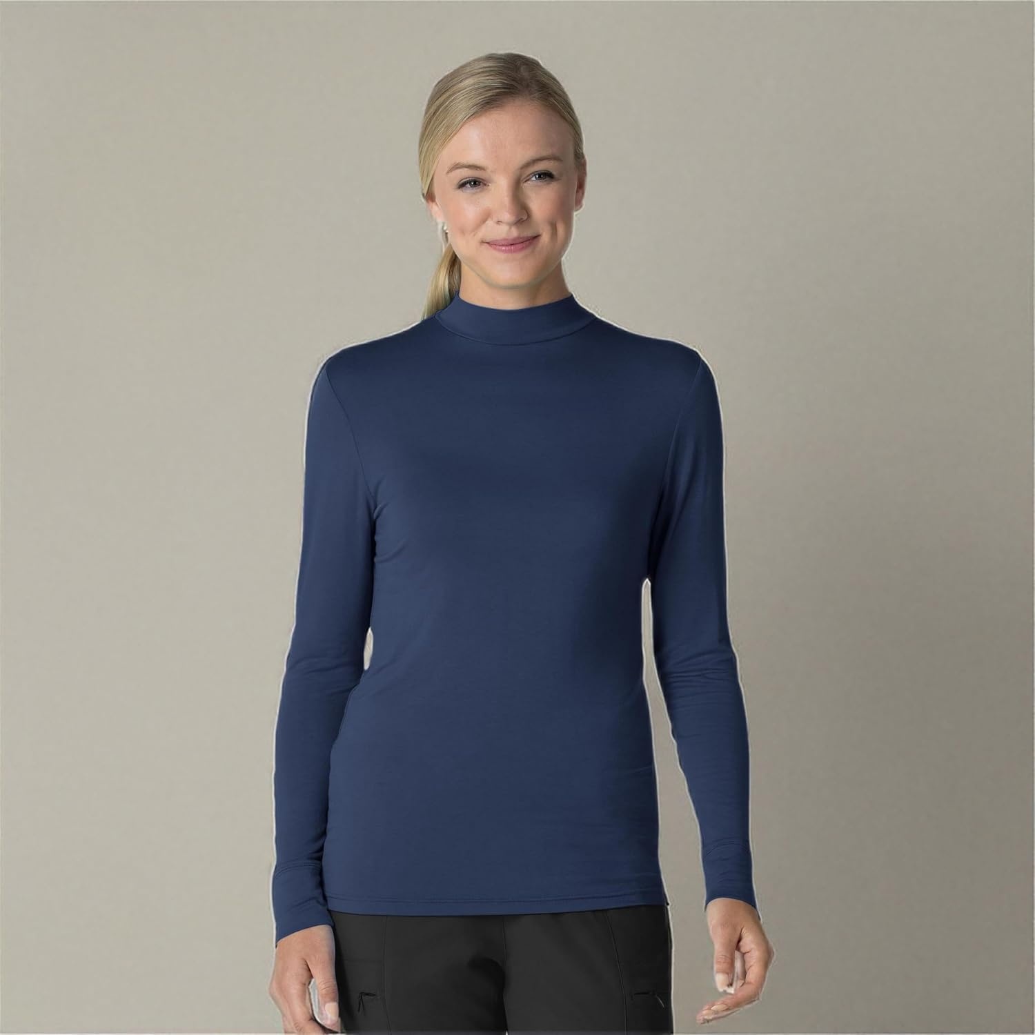 Wink Layers Women’s Long Sleeve Mock Neck Silky Tee(Navy)