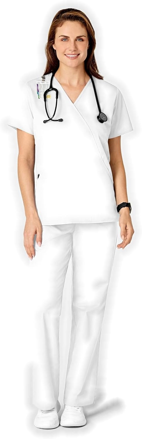 WINK WonderWORK Women’s Mock Wrap Scrub Top(White)