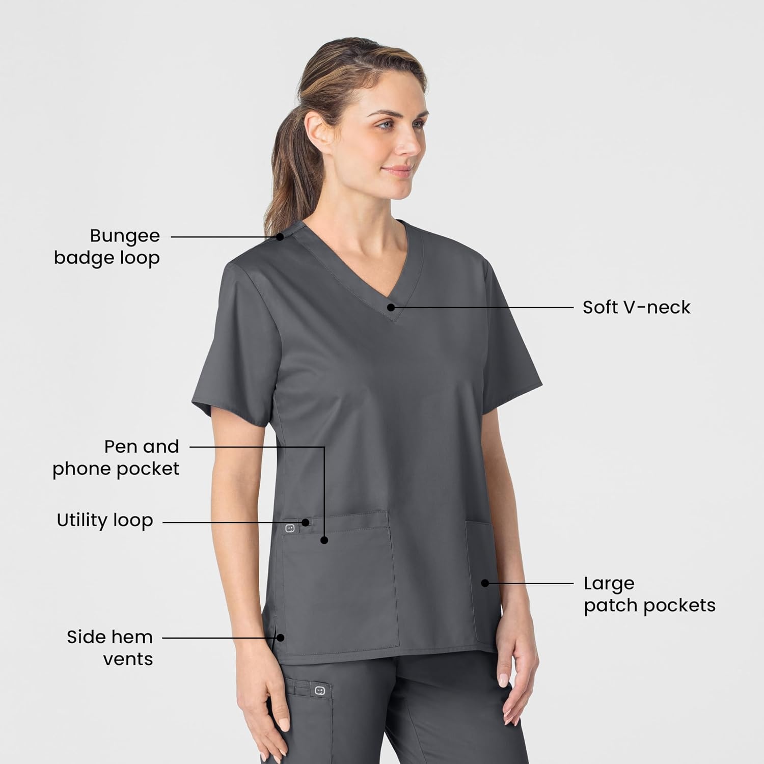 Wink WonderWORK Women’s V-Neck Scrub Top, Pewter, S