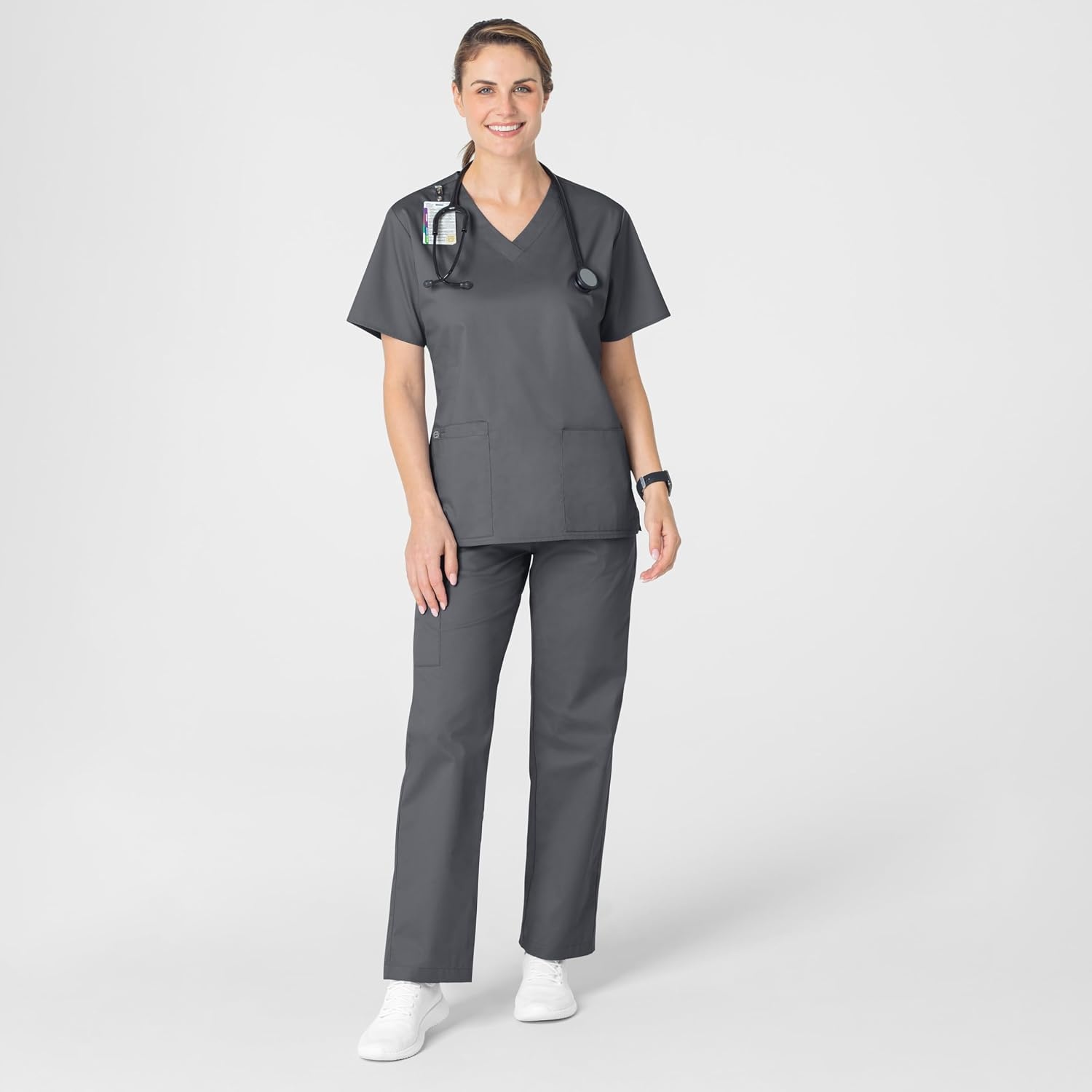Wink WonderWORK Women’s V-Neck Scrub Top, Pewter, S
