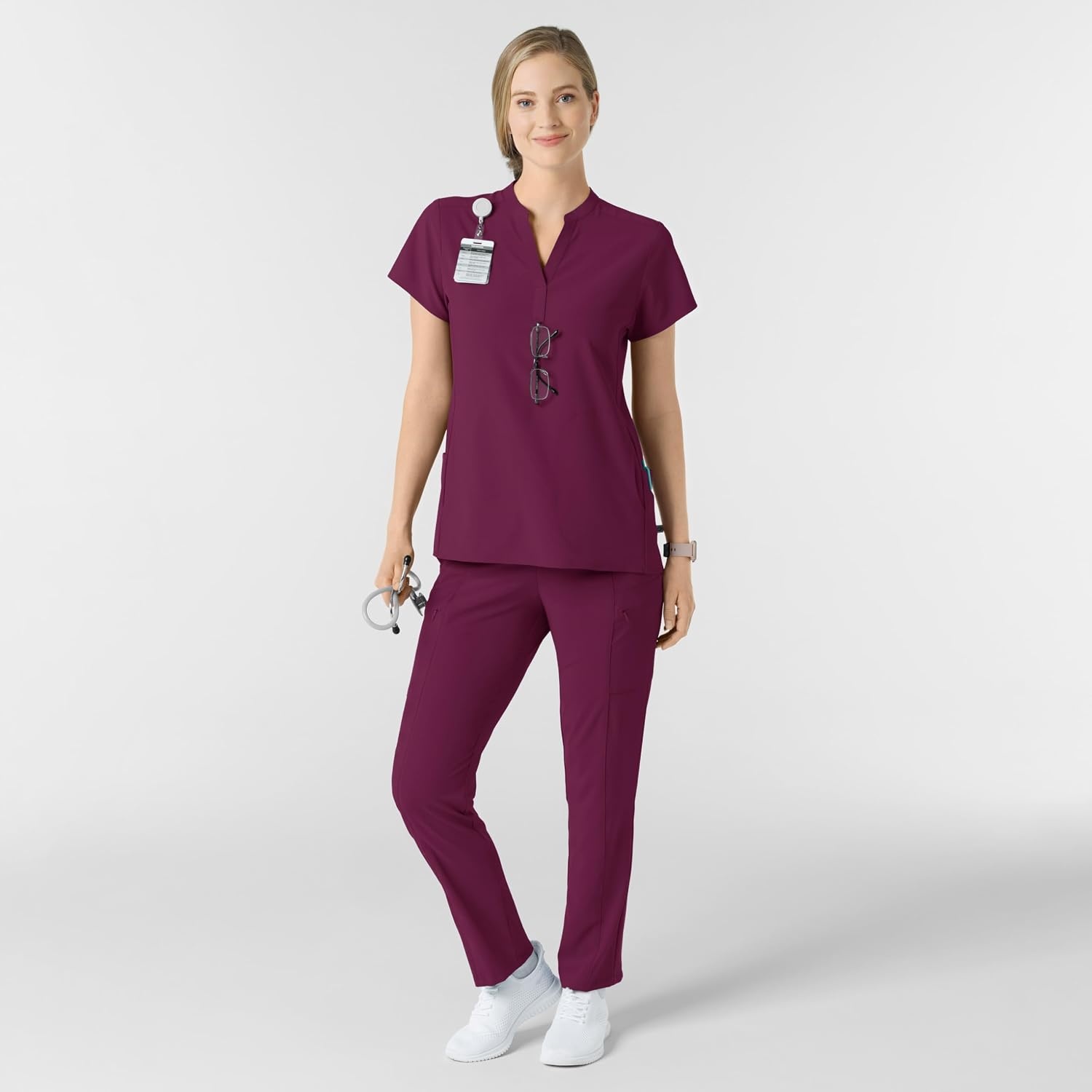 Wink Renew Women’s Mandarin Collar Scrub Top(Wine)