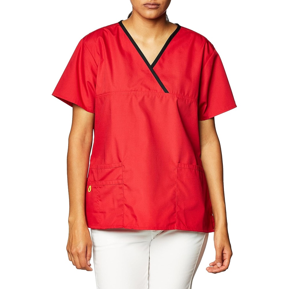 WonderWink Women’s Scrubs Charlie 5 Pocket Y-Neck Wrap Top, Red, Small