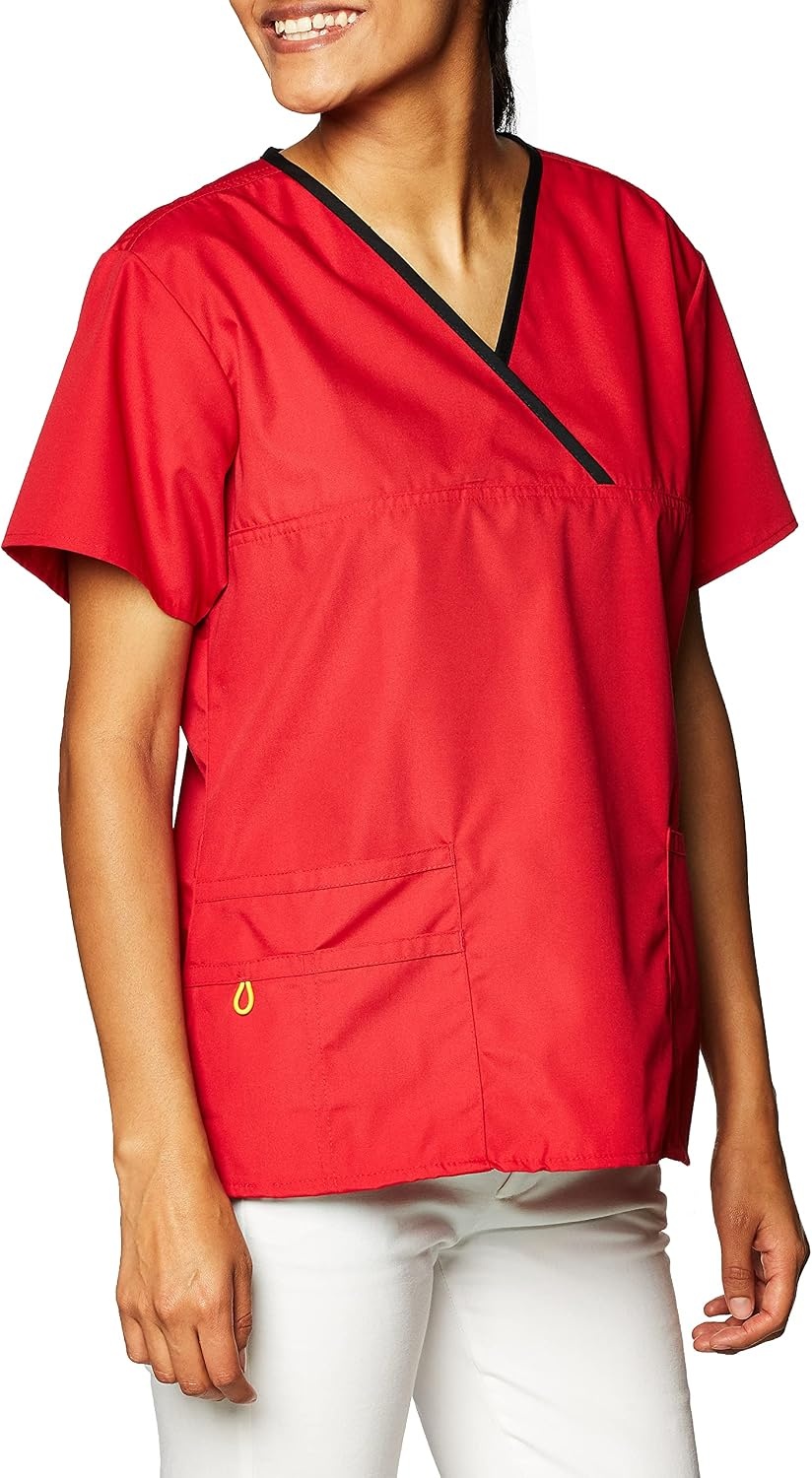 WonderWink Women’s Scrubs Charlie 5 Pocket Y-Neck Wrap Top, Red, Small