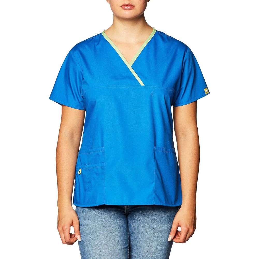 WonderWink Women’s Scrubs Charlie 5 Pocket Y-Neck Wrap Top, Royal, Medium
