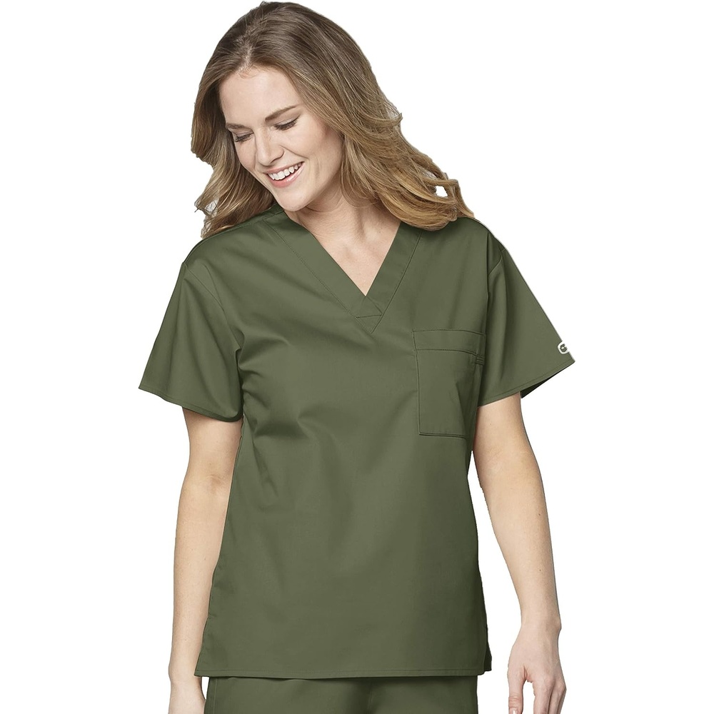 WonderWORK Unisex V-Neck Scrub Top, Olive, 5XL | Unisex Scrub Top Olive V-Neck