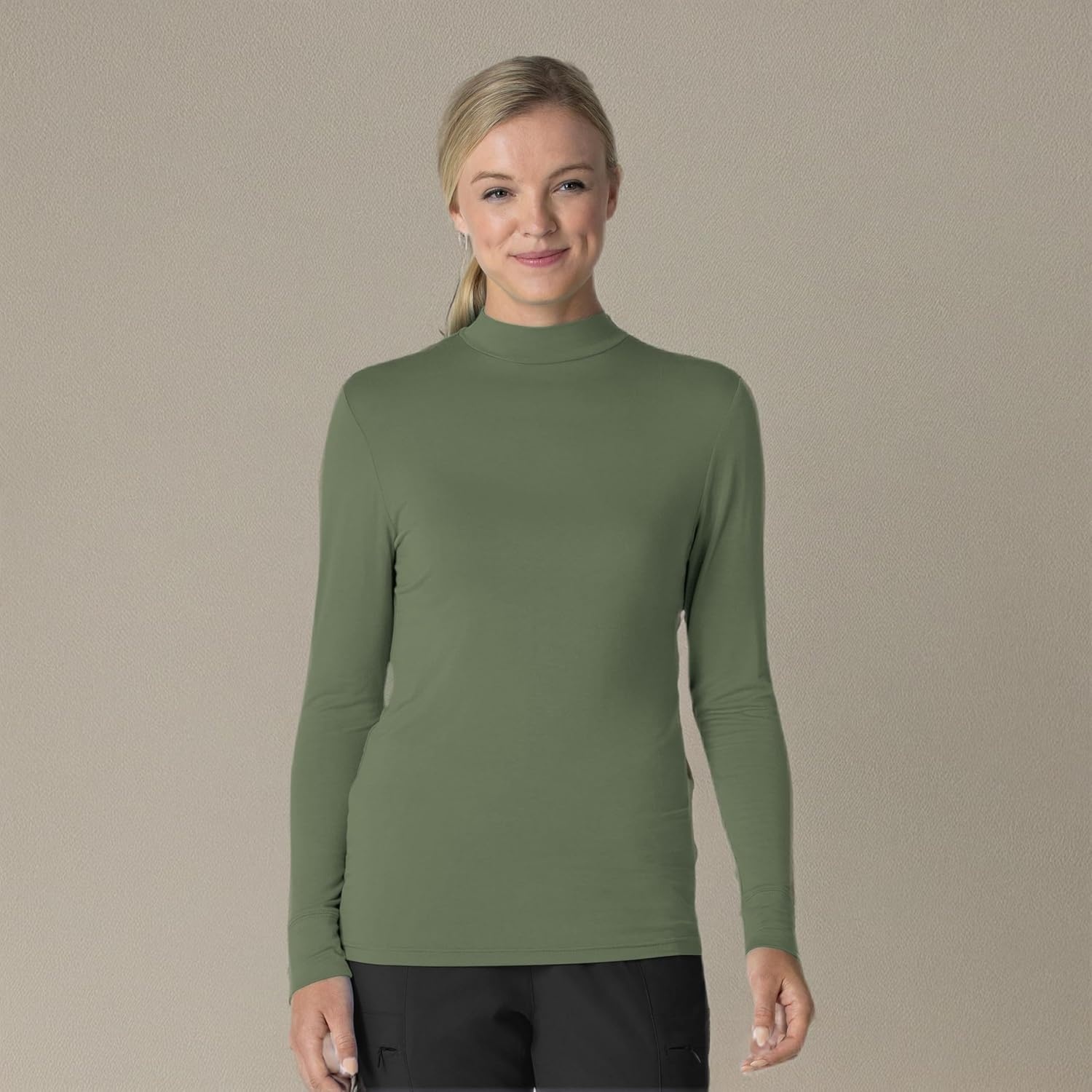Wink Layers Women’s Long Sleeve Mock Neck Silky Tee(Olive)