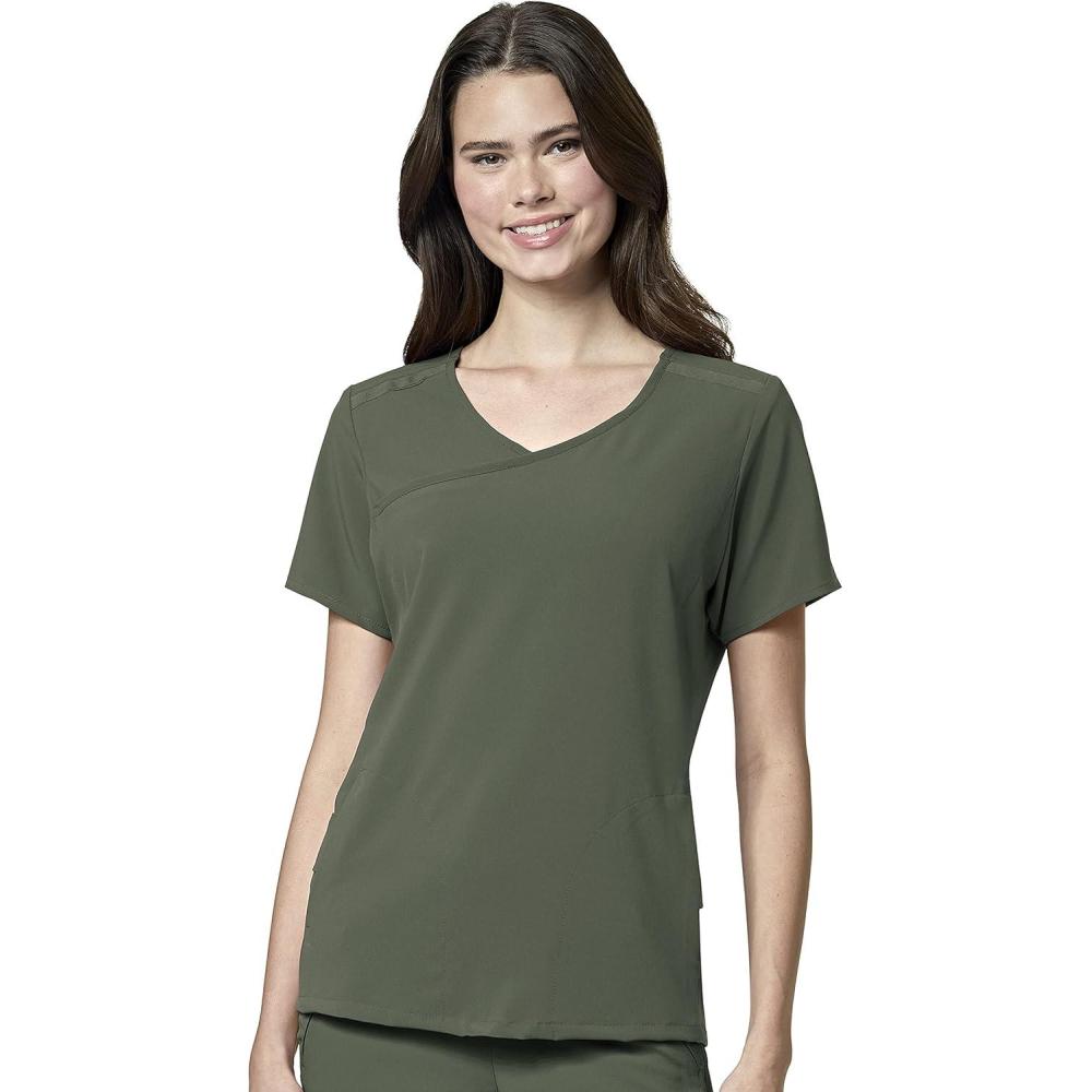 WonderWink Womens Renew Women’s Mock Wrap Scrub Top(Olive)