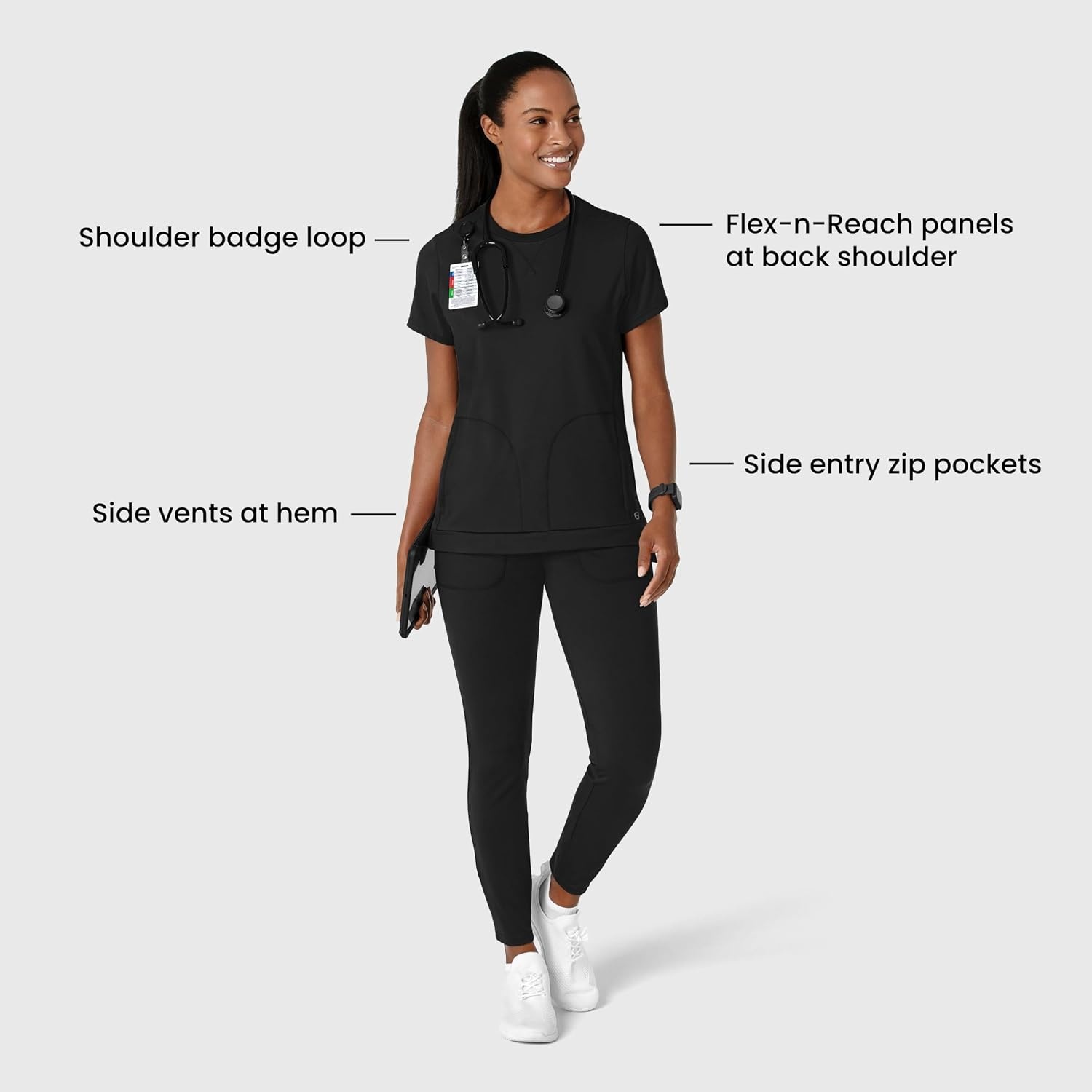 Wink Renew Women’s Flex-n-Reach Crew Neck Scrub Top(Black)