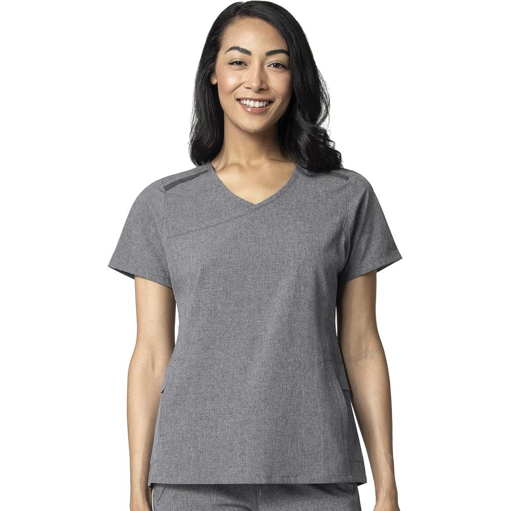 WonderWink Womens Renew Women’s Mock Wrap Scrub Top(Grey Heather)