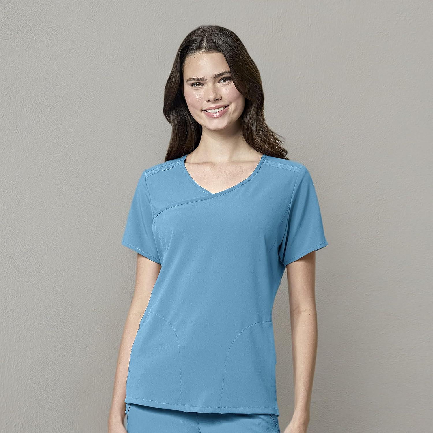 WonderWink Womens Renew Women’s Mock Wrap Scrub Top(Bay Blue)