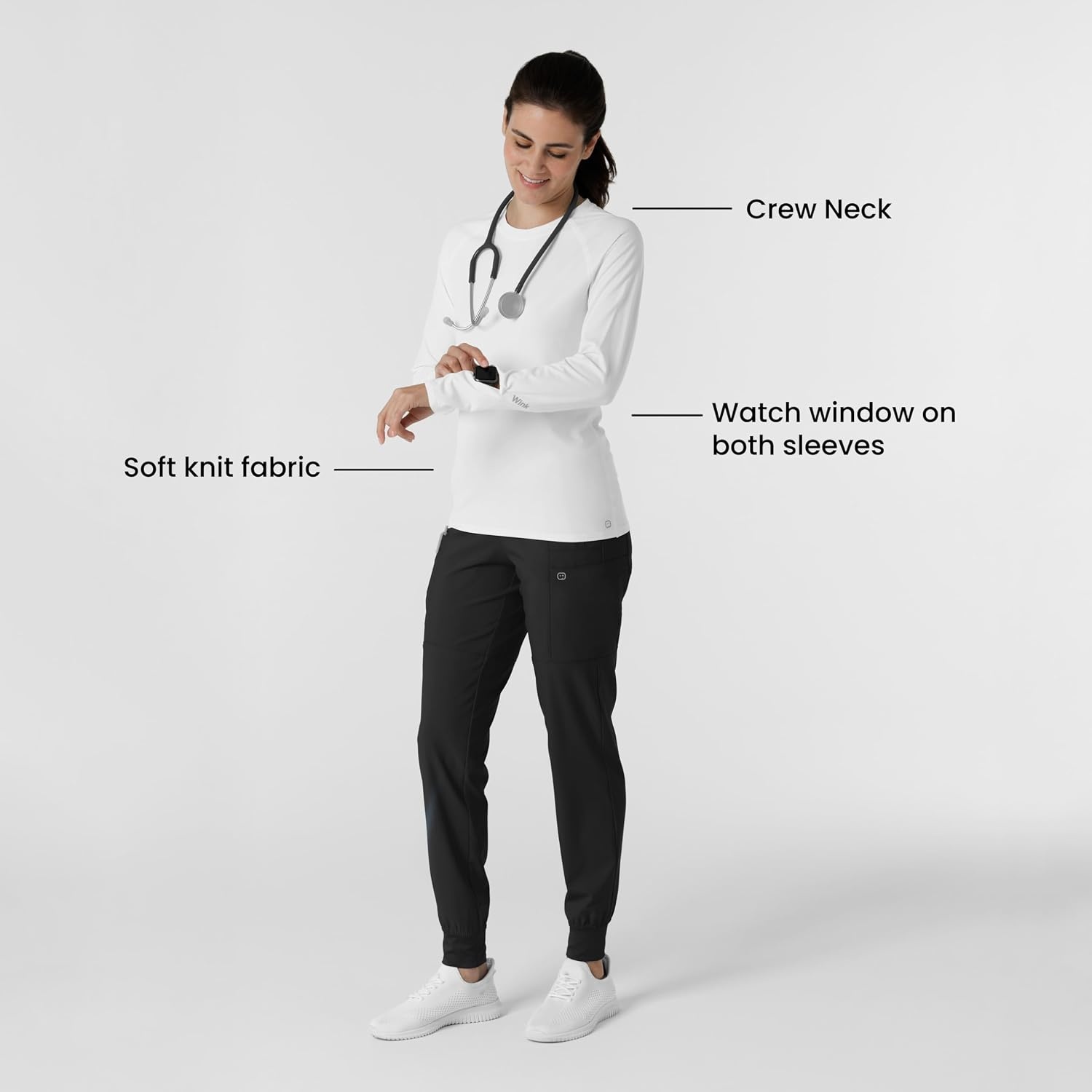 Wink Layers Women’s Watch Window Long Sleeve Underscrub Top(White)