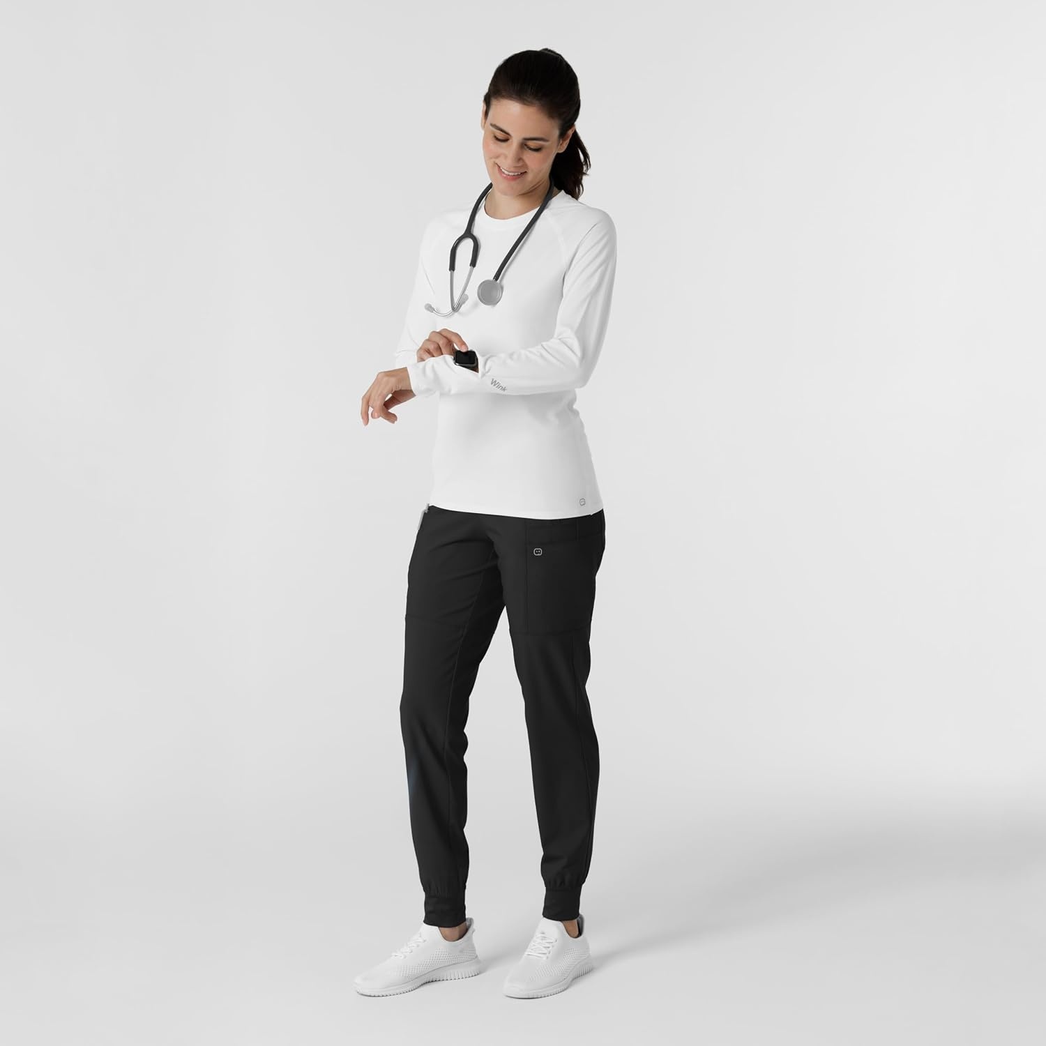 Wink Layers Women’s Watch Window Long Sleeve Underscrub Top(White)