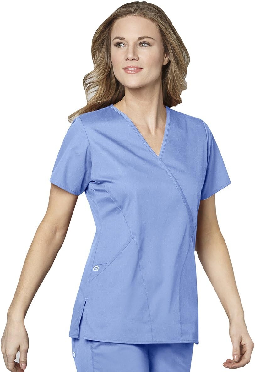 WINK WonderWORK Women’s Mock Wrap Scrub Top(Ceil Blue)